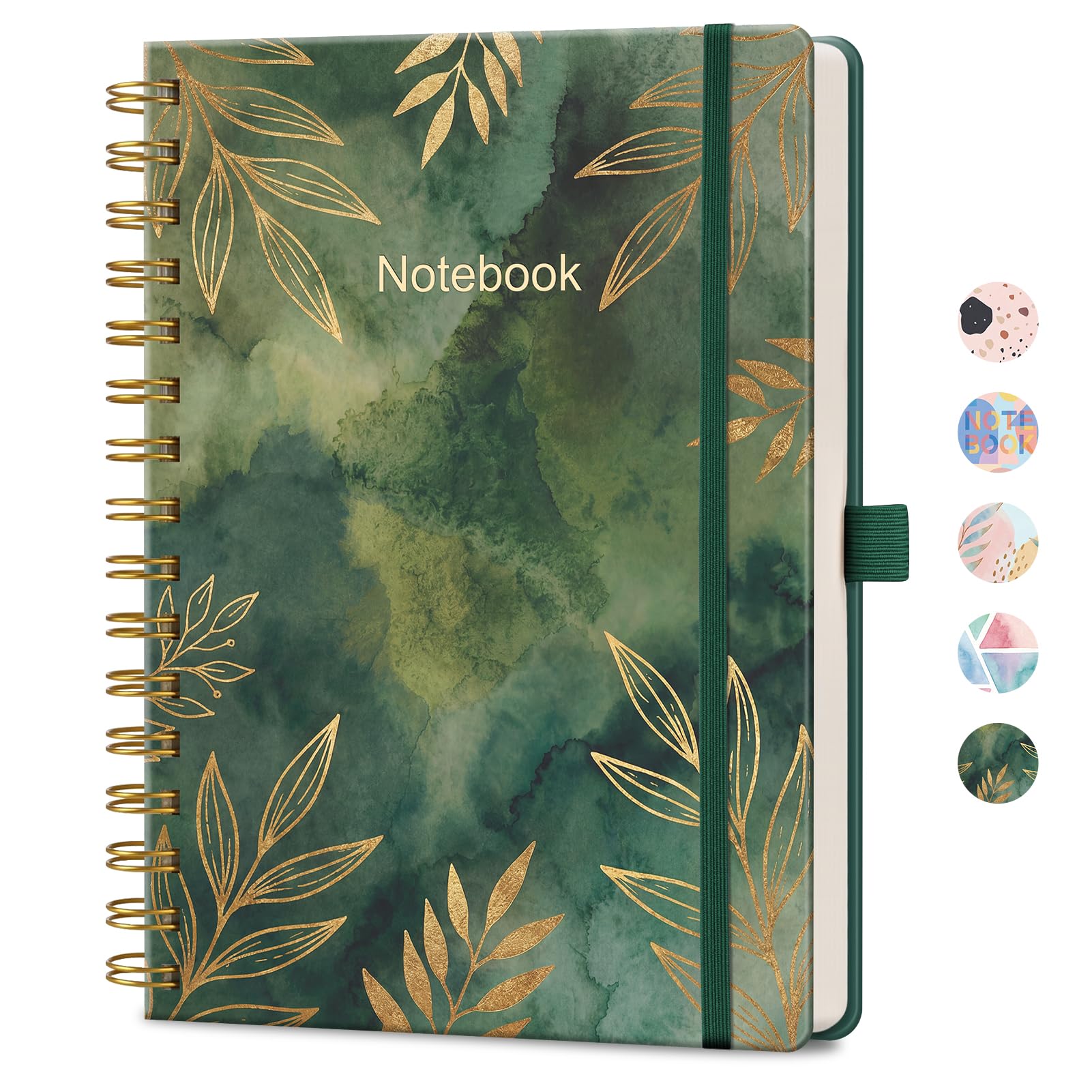 LOAPEM A5 Spiral Notebook, 160 Lined Pages, Emerald Gold Foliage — image 1