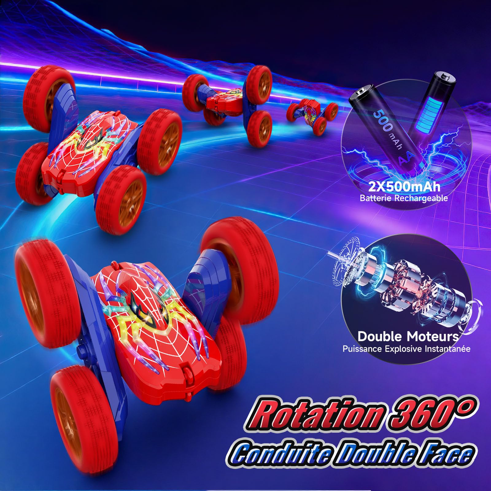 Voiture Telecommandé Enfant, 2.4Ghz 4WD 360° Rotation RC Stunt Monster Truck, 5 Modes Lumineux, Jouet Garçon 3-12 Ans, Cadeau Anniversaire Noel Jeux Intérieur Extérieur 4 5 6 7 8 9 10 11 12 Ans