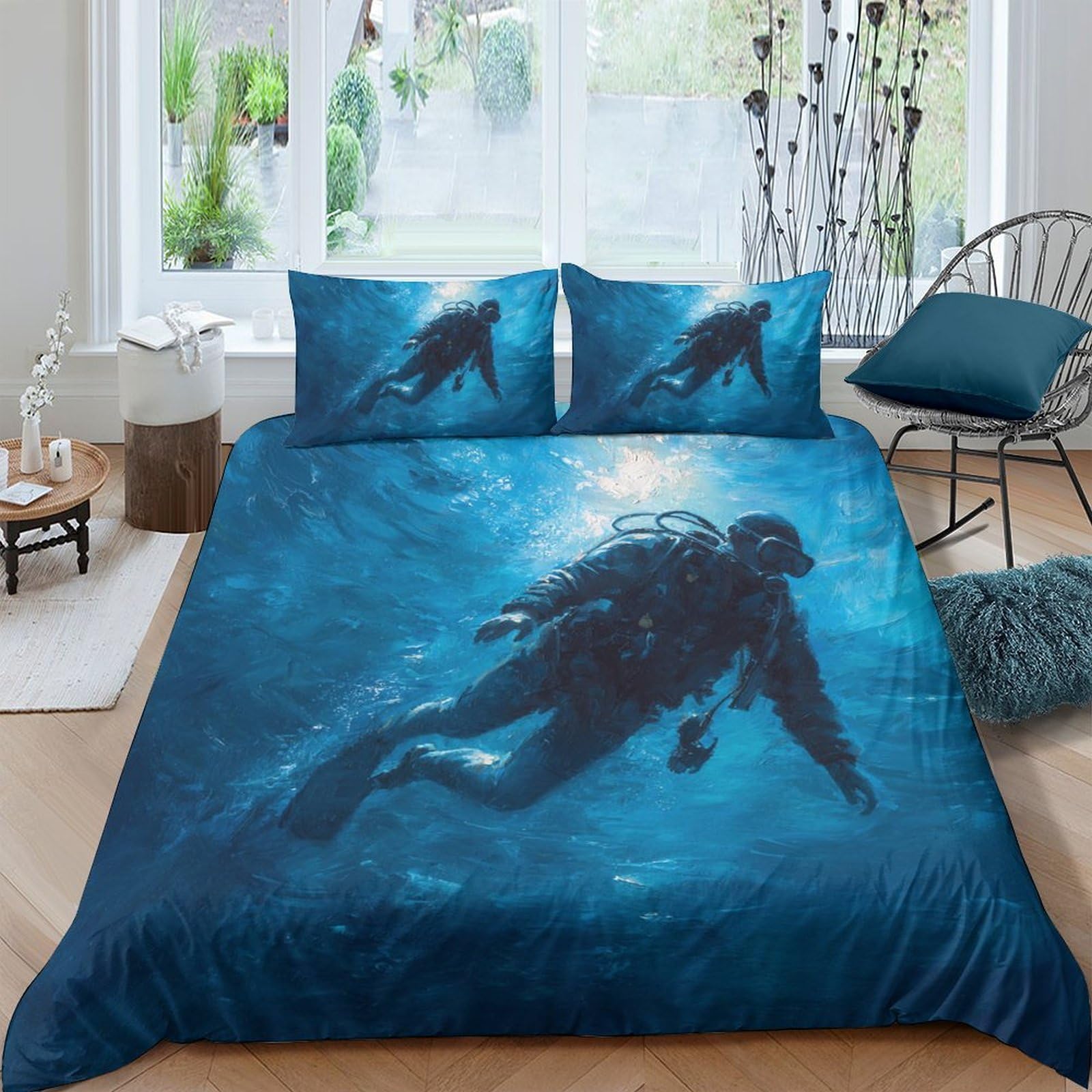 Ctjqhvkz Style-5 3D Printed Underwater Diver Fitted Sheet Microfiber Soft Breathable Ocean Blue Bed Cover For Bedroom Guest Room Decor Single（135X200cm）