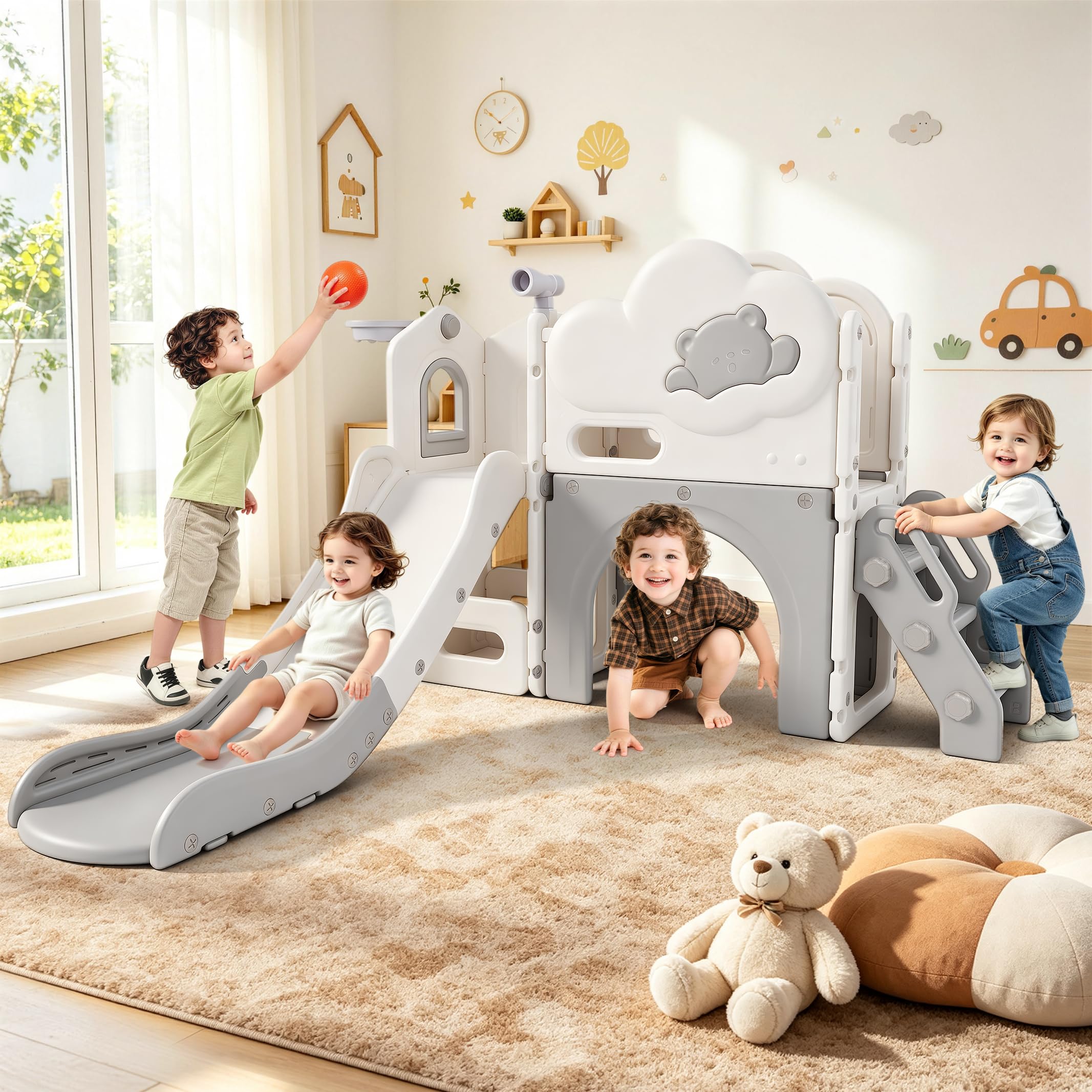 Toddler Slide,5-in-1 Kids Slide with Basketball Hoop & Storage,Climbing Toy