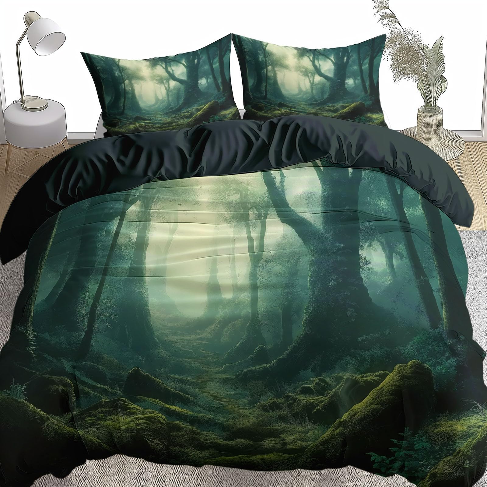 Komplet pościeli 240 x 220 cm tajemniczy las poszwa na kołdrę z mikrofibry 2-osobowa dla dzieci nastolatka dziewczyna, ciemnozielona poszwa na kołdrę i 2 poszewki na poduszki 65x65 cm