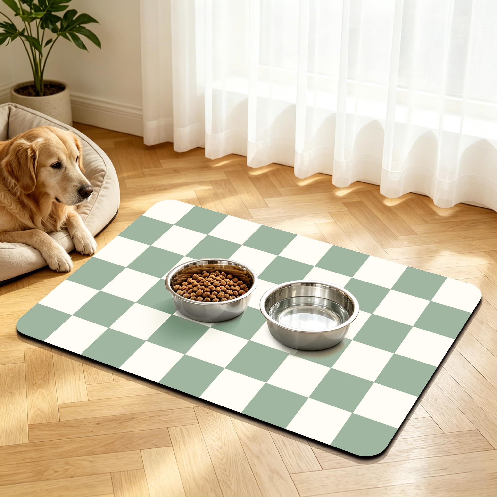 Dog Food Mat, Absorbent Cat Dog Mat for Food and Water Bowl Mat, Quick Dry Checkered Pet Feeding Mat, Non-Slip Pet Placemat with Rubber Backed (Green, 43x80cm)