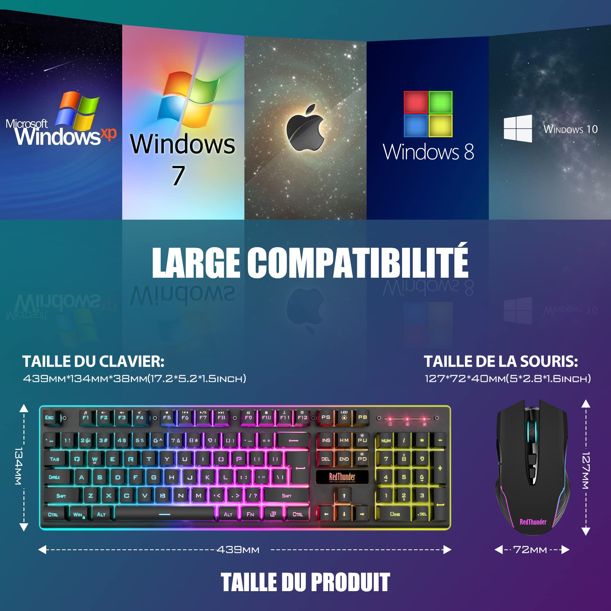 RedThunder K10 Ensemble Clavier et Souris Gaming sans Fil, AZERTY FRANÇAIS, Rétroéclairage LED 3800mAh Batteries Rechargeables, Clavier USB Anti-ghosting + Souris 7D 3200DPI pour PC Gamer Xbox(Noir)