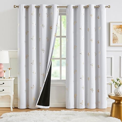 Miniatura 2 de Jubilantex Cortinas opacas de mariposa dorada sobre blanco grisáceo con capa negra, cortinas de ventana con aislamiento térmico para dormitorio de