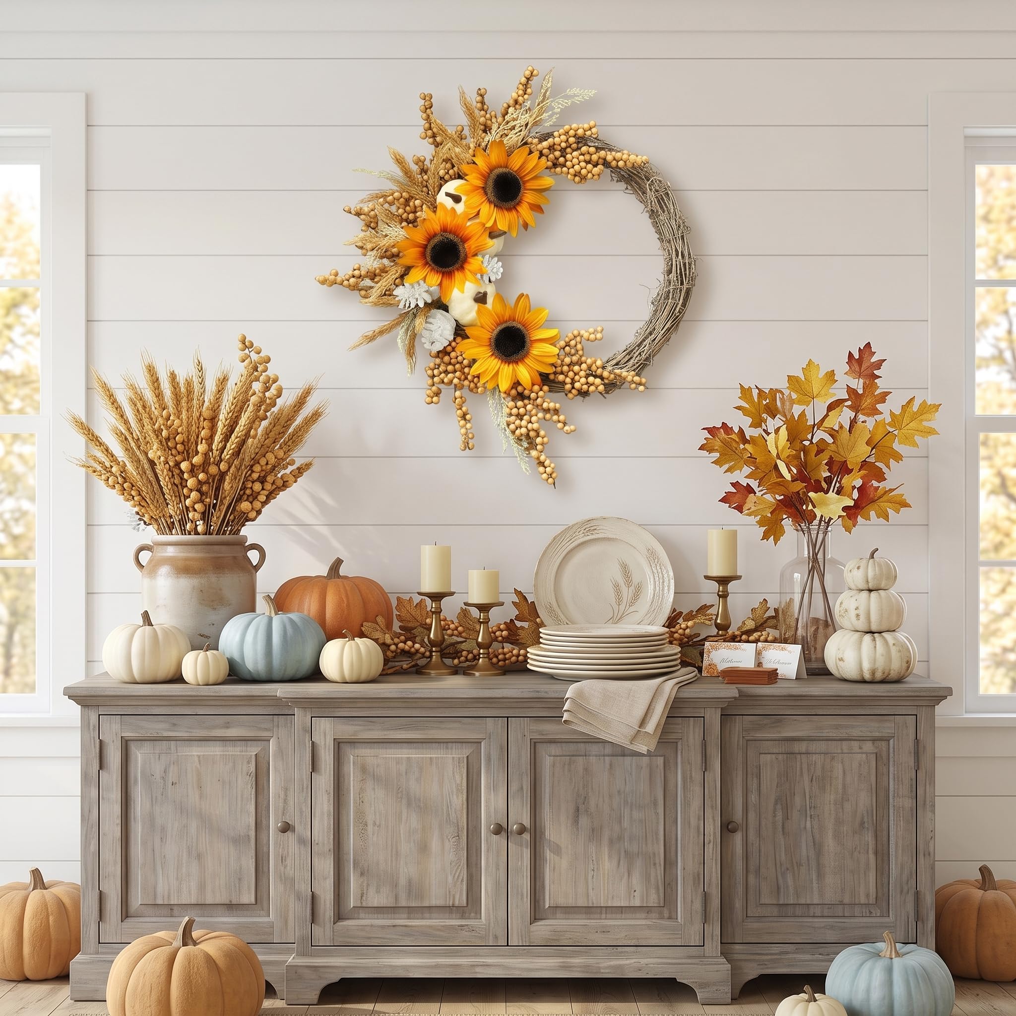 Couronne d'automne de tournesol de 50,8 cm pour porte d'entrée avec | Couronne d'automne artificielle avec pommes de pin pour Thanksgiving, récolte, Halloween, fenêtre, maison, mur, ferme