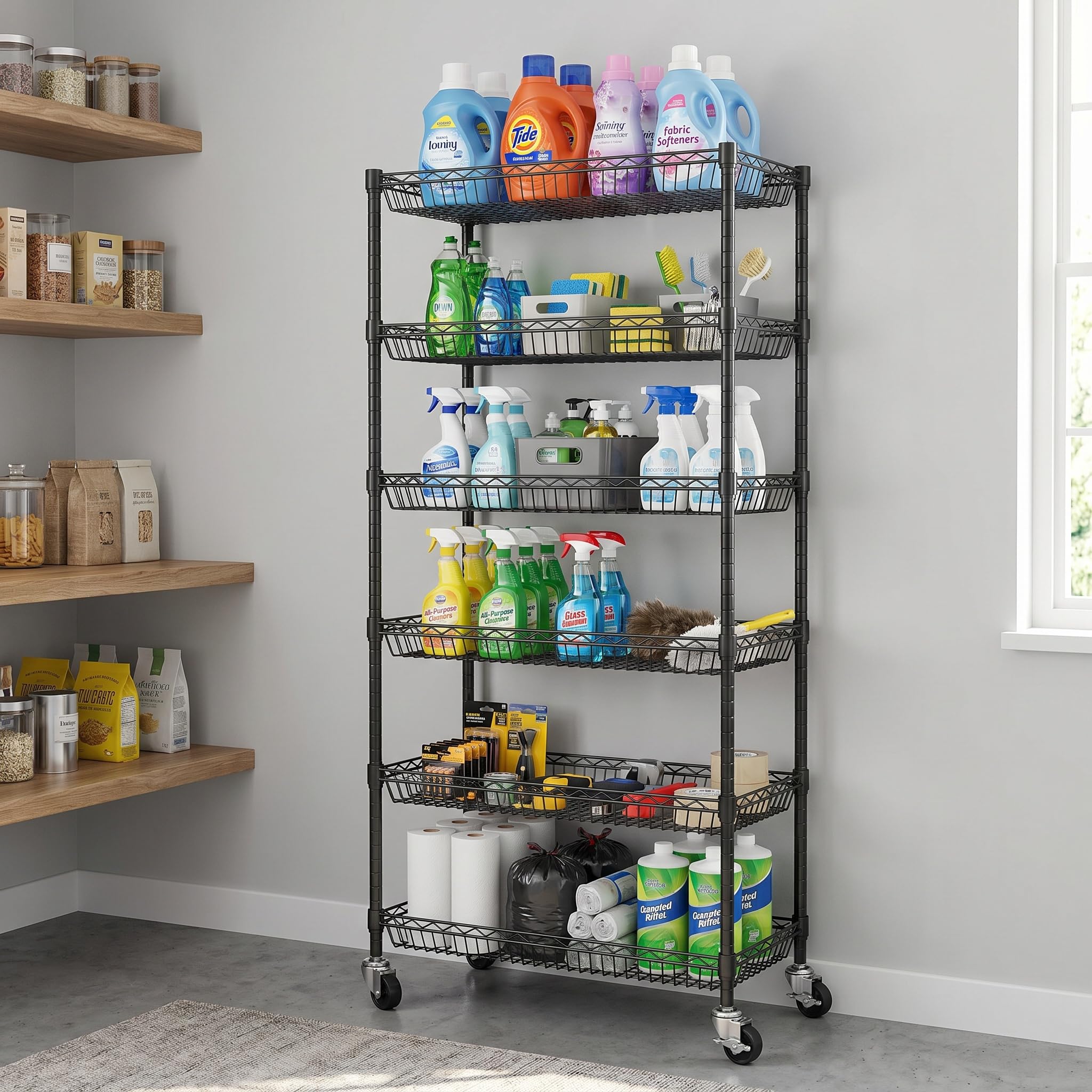 Himimi Estantería Metálica de 6 Niveles con Ruedas, Estante Ajustable en Altura Independiente, Organizador de Cestas de Alambre Metálico para Cocina, Baño, Dormitorio, Salón, 76×34×165 cm Negro