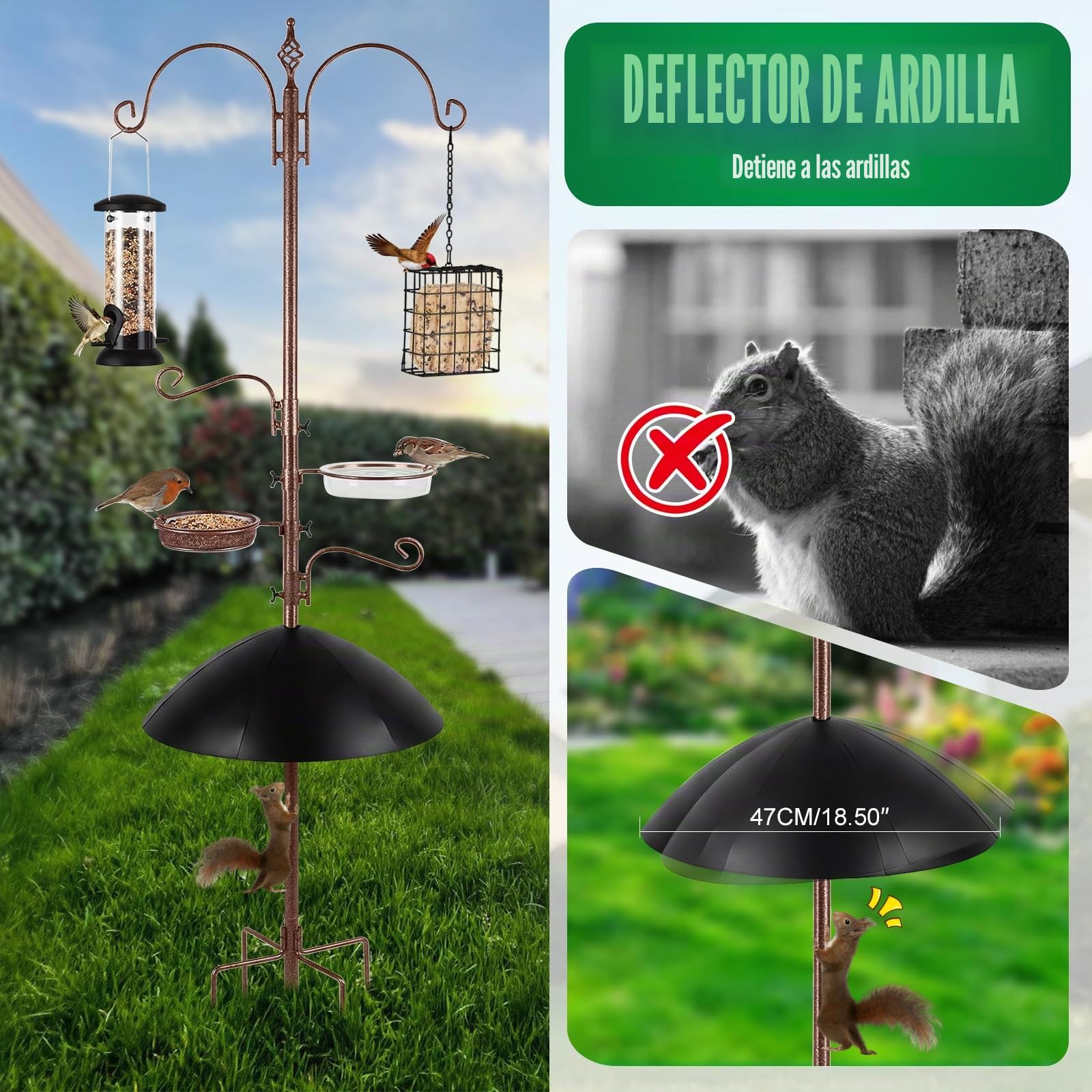 Estación de Alimentación para Pájaros con Protector Anti Ardillas, Soporte para Comedero de Aves con Ganchos y Bandeja, para Aves Silvestres, Jardín, Balcón, Terraza y Patio