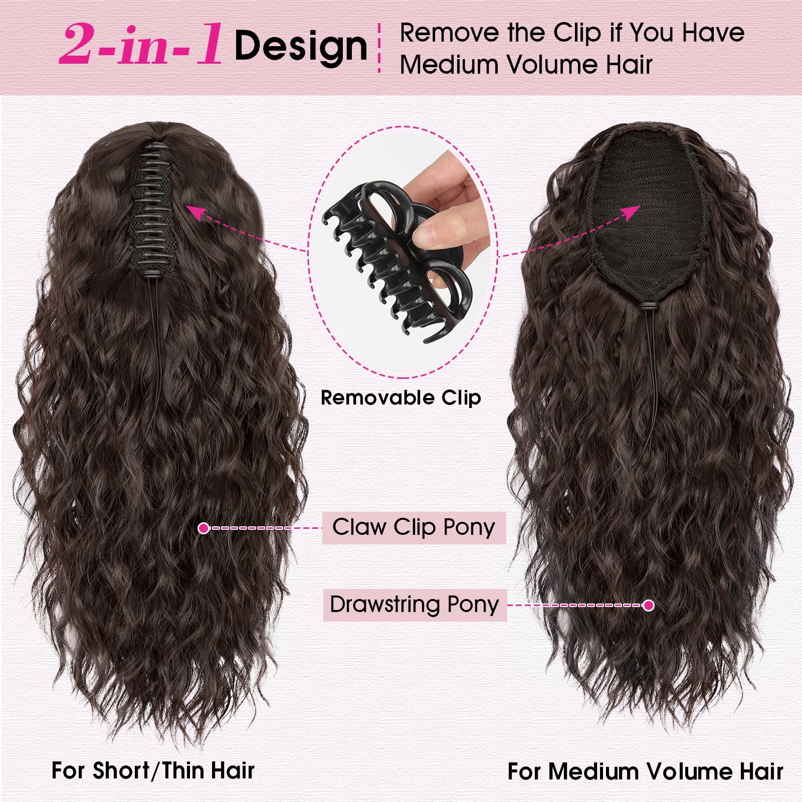 RONTAYA Extension Cheveux Naturel Clip - Postiche Cheveux Naturel Synthétique de, Multi couches duveux épais ondulé en fausses queues de poney cheveux Naturel Synthétique Brun foncé 46 cm