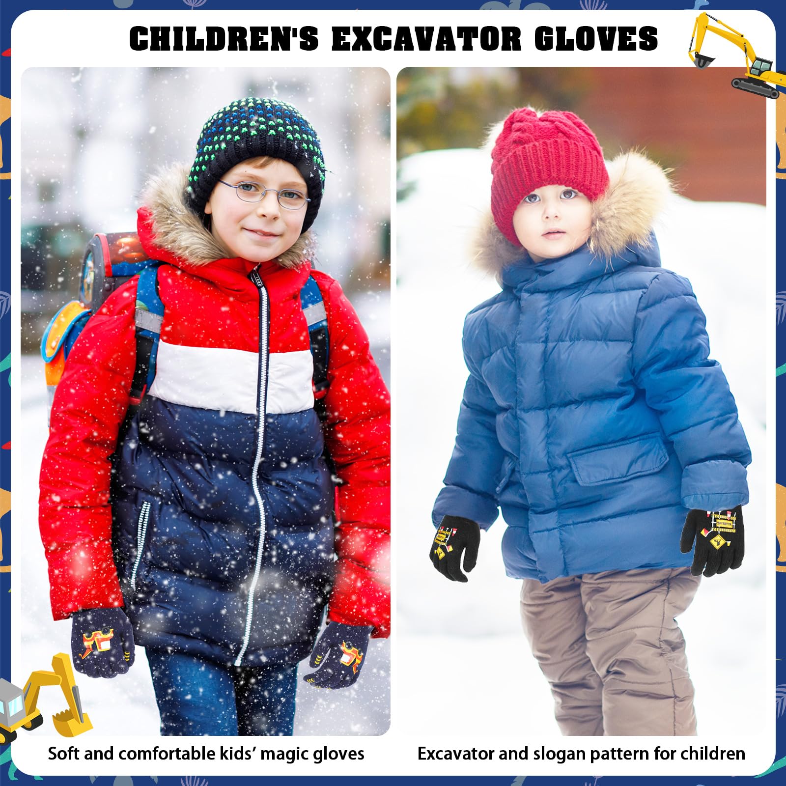Gants magiques pour enfants Lot de 6 paires motif excavatrice 4-12 ans