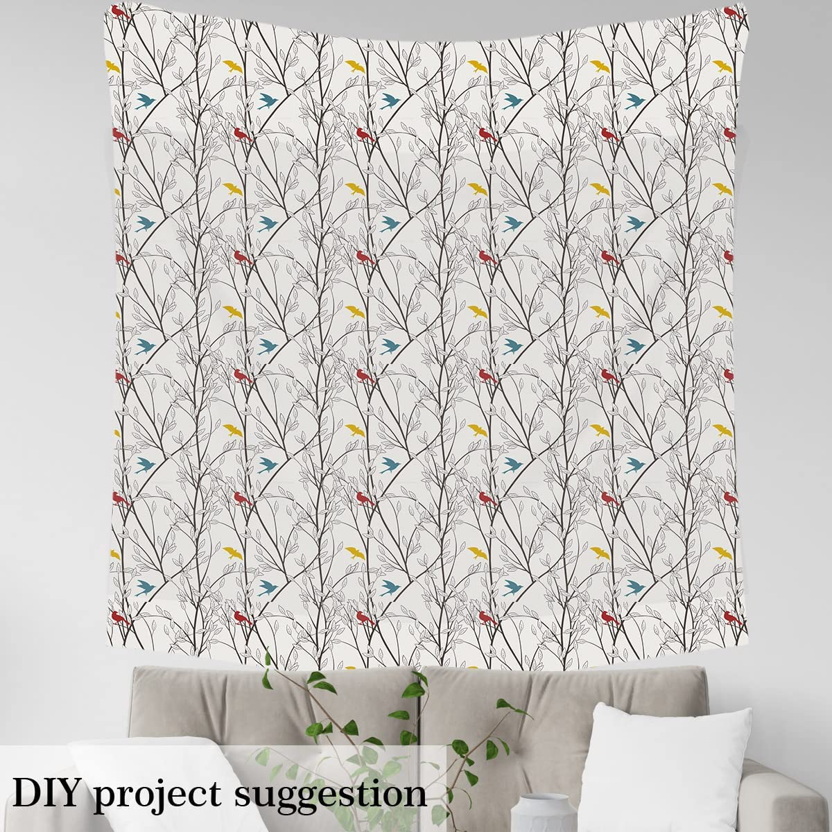 Tree Branches Upholstery Fabric by The Yard,Nature Cute Birds Reupholstery Fabric for Chairs,Wildlife Decorative Waterproof Outdoor Fabric,3 Yards,(L276*W150cm) Mustard Maroon - Image 4