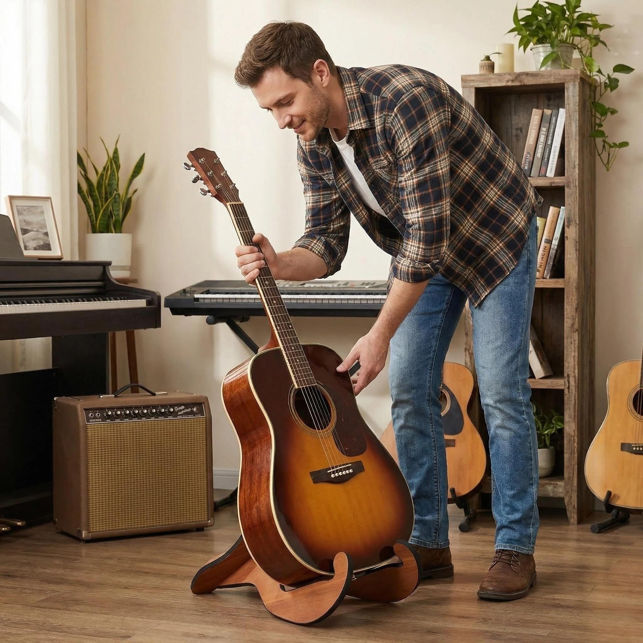 Gitarrenständer Boden Holz - Universeller klappbarer X-Rahmen abnehmbar rutschfester tragbarer Holz Gitarrenständer mit Gummibeschichtung an den Kanten für Akustik-, E- und Bassgitarren - Braun