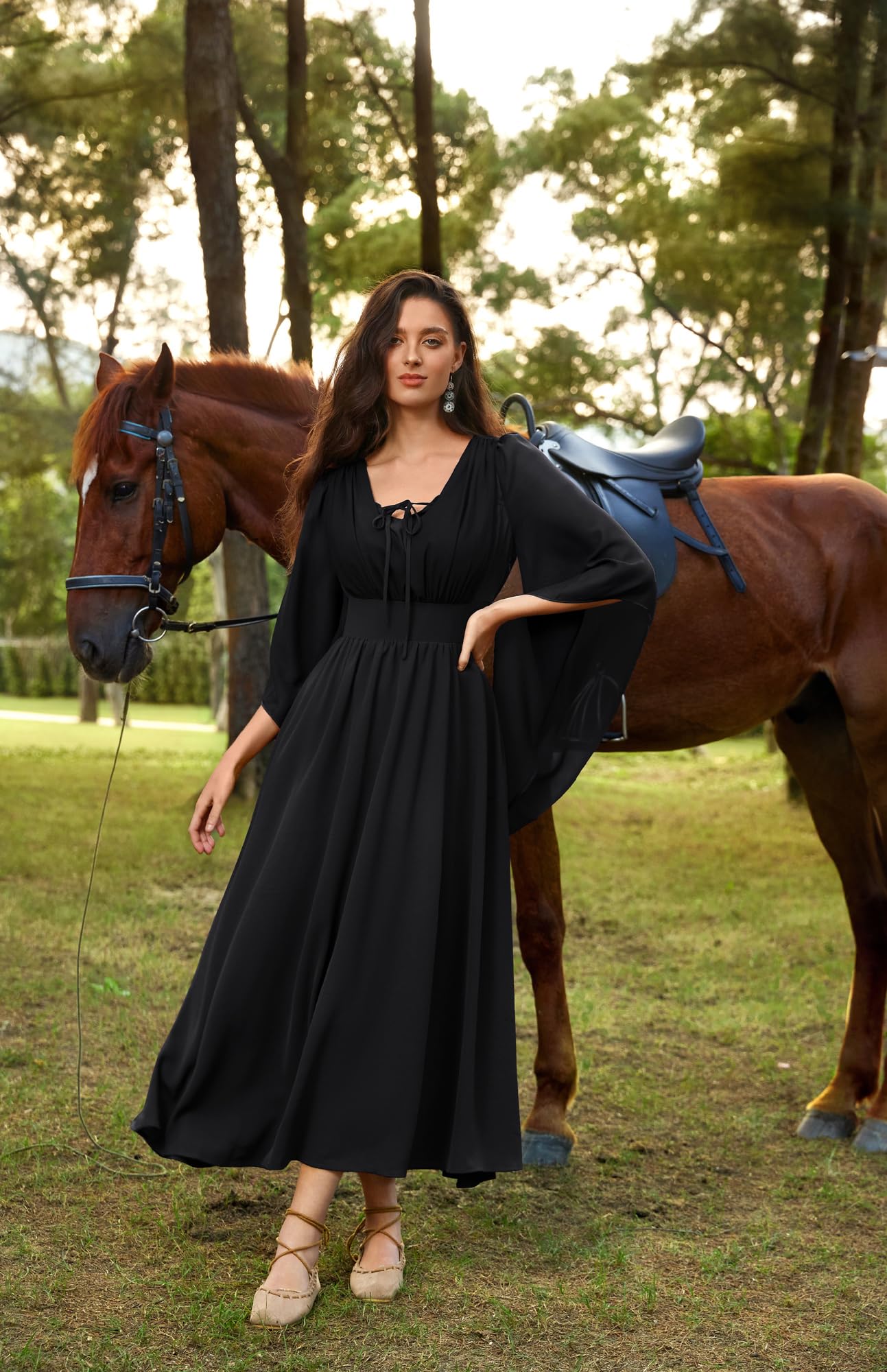 SCARLET DARKNESS Vestido medieval para mujer, con cordones, mangas acampanadas 3/4, abertura frontal, vestido largo renacentista