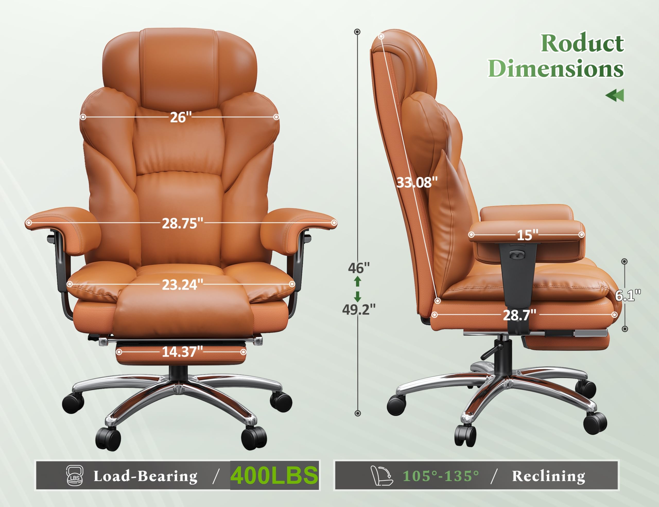 Office Chair with High Back,28.7" Deep Seat,Big and Tall Executive Leather Office Chair with Foot Rest & Arms,Wide Reclining Desk Chair Ergonomic with Lumbar Support for Home Office,Brown