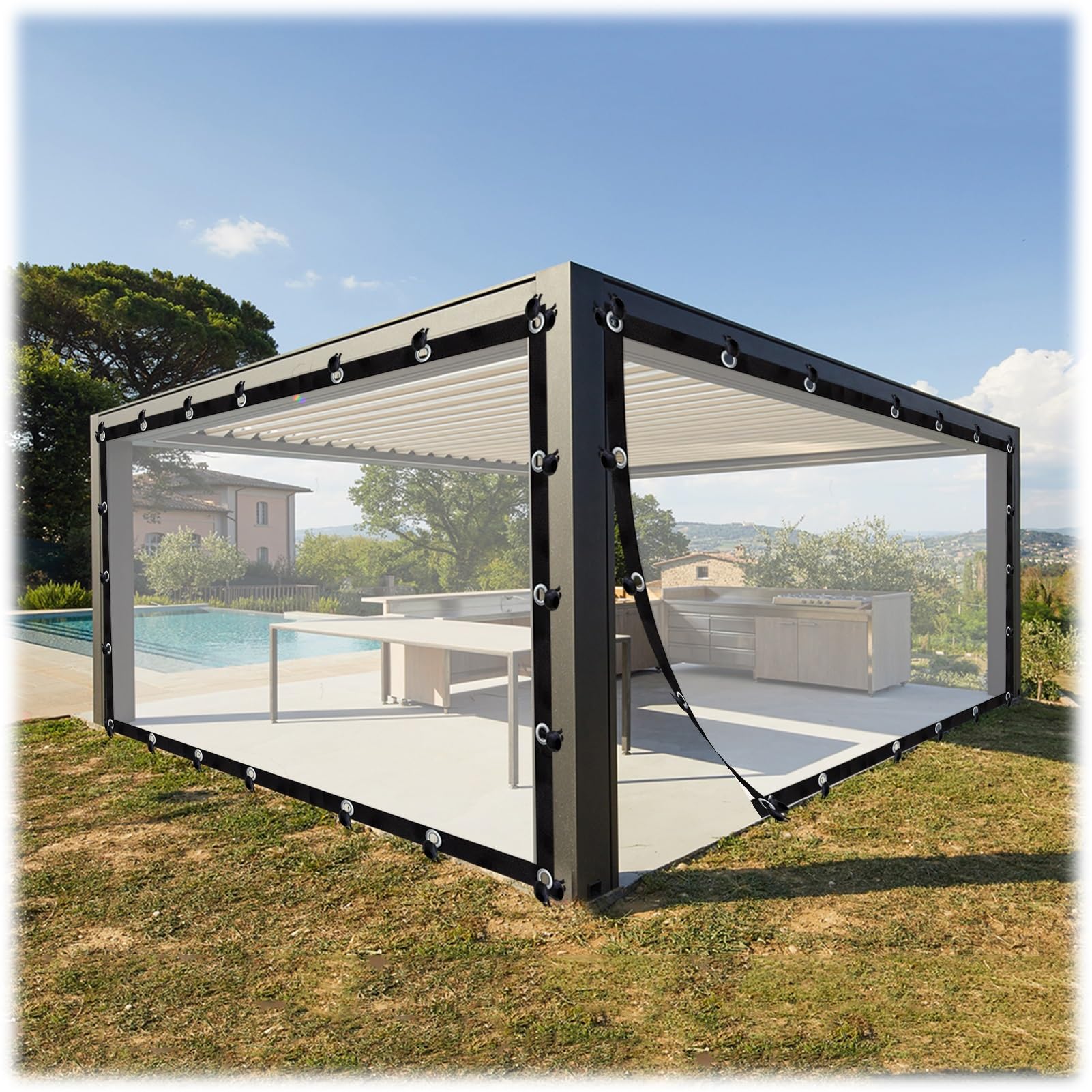 Rideau pour pergola extérieu Rideaux d'extérieur en Vinyle bâche Transparente imperméable avec œillets bâche de séparation en Plastique pour pergola Patio Porche tonnelle (Couleur : transpar
