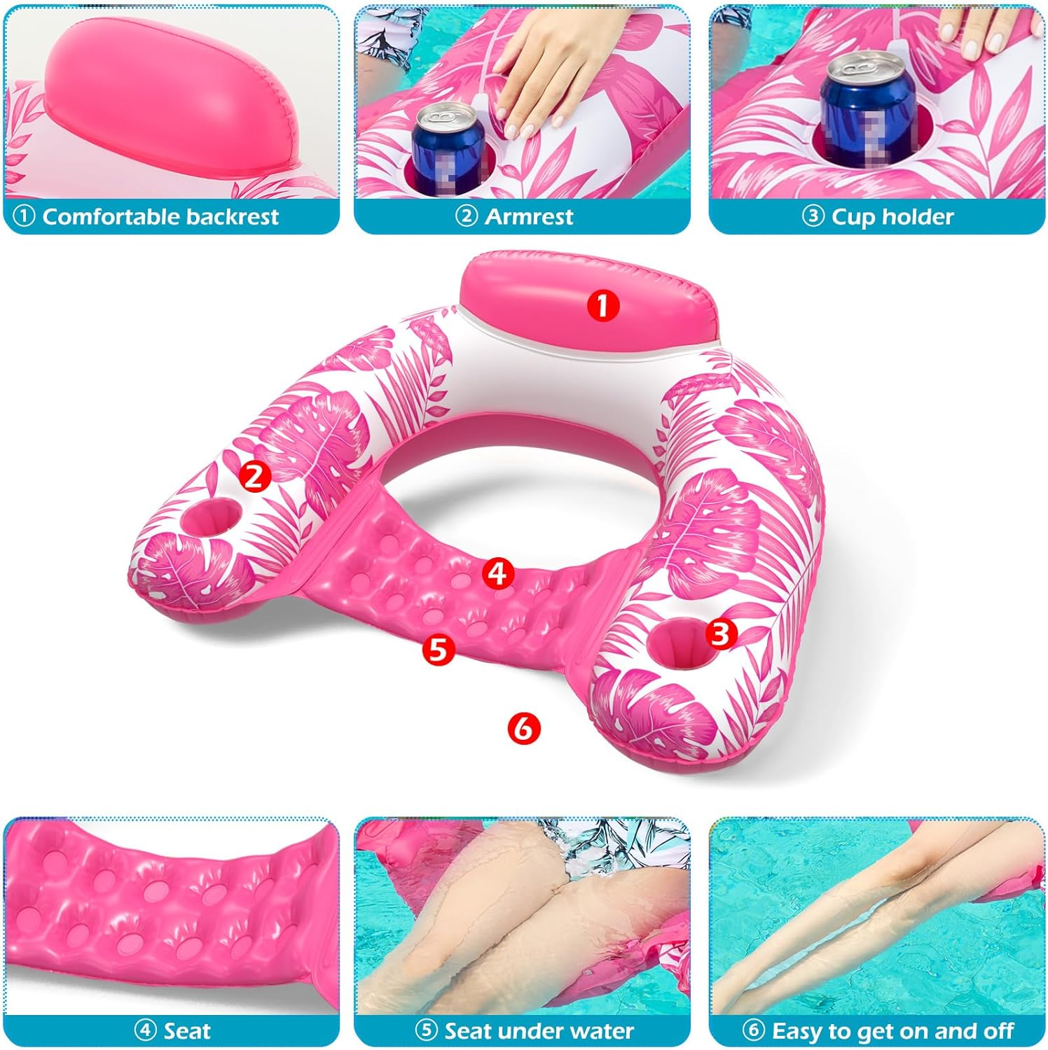 Jasonwell Inflatable Pool Float Chair - 2Pack Floating Pool Chair Lounge Floats for Swimming Pool Water Chair Pool Lounger with Cup Holder Pool Toy Party Floaties for Adults (GR-L)