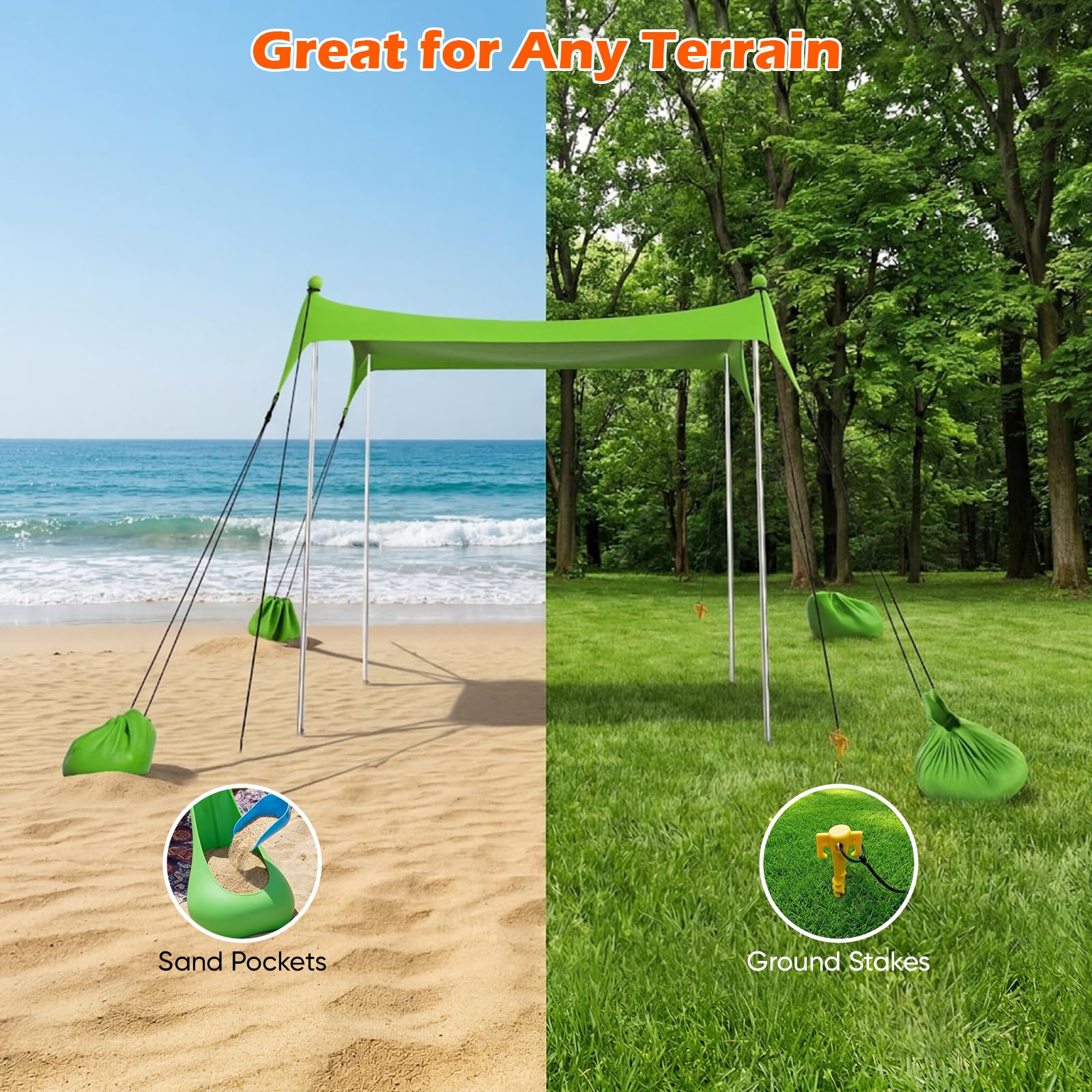 Tenda da spiaggia 2 x 2,1 m, Parasole UPF50+ Portatile per 2-3 Persone – Kit Parasole da Esterno con Pali, Picchetti, Corde e Borsa Trasporto – Ideale per Spiaggia, Campeggio, Picnic – Verde