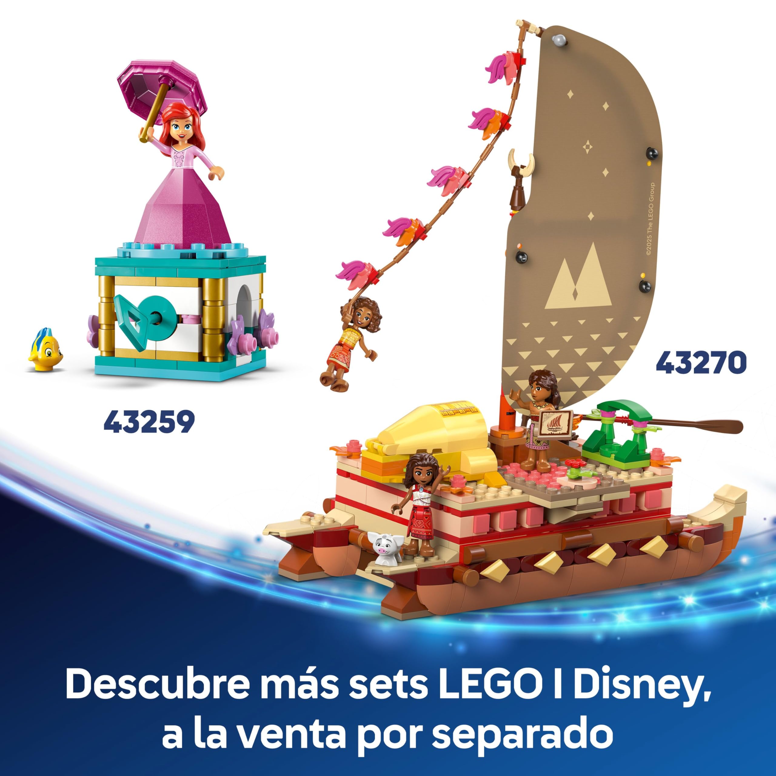 LEGO | Disney Vaiana 2 Canoa de Aventuras de Vaiana - Barco de Juguete con Vela Textil, Hoguera, 3 Mini Muñecos Inc. Loto y Moni y Cerdito Púa - Regalo Creativo para Niñas de 6+ Años y Fans 43270