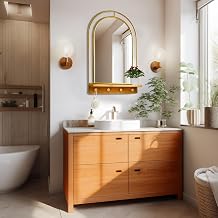 BAODANFU Gold Wall Mirror with Hooks, Arch Bathroom Mirror with Foldable Wood Shelf, 20x30 inches Arched Makeup Vanity Mirrors Decorative for Entryway, Bedroom, Dressing Room