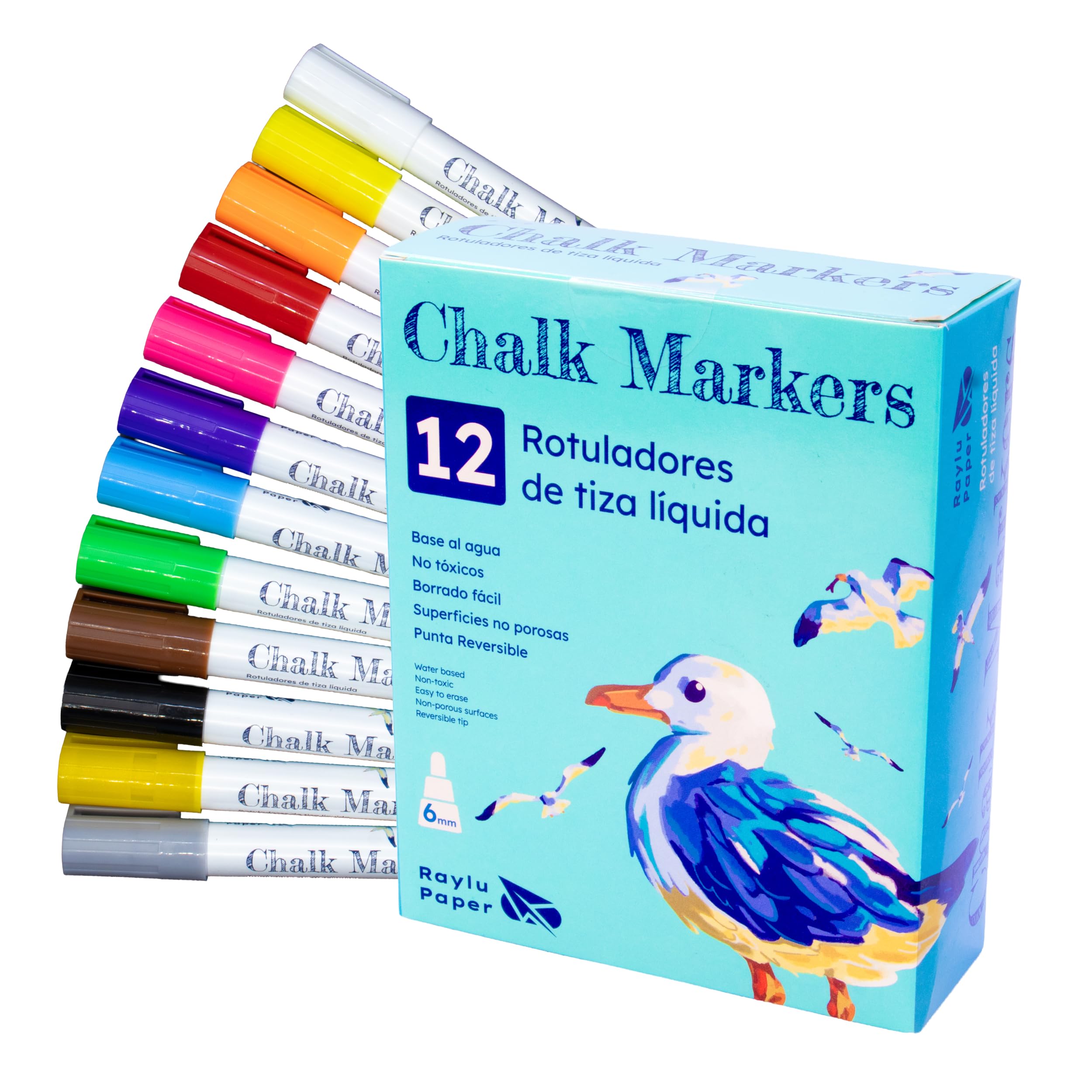 RAYLU PAPER Rotuladores de Tiza Líquida, Rotuladores de Tiza Líquida Borrable para Pizarra, Marcadores con Punta Reversible 3mm y 6mm, Para Pizarra Negra y Blanca, Cristal y Cerámica (12 Colores)