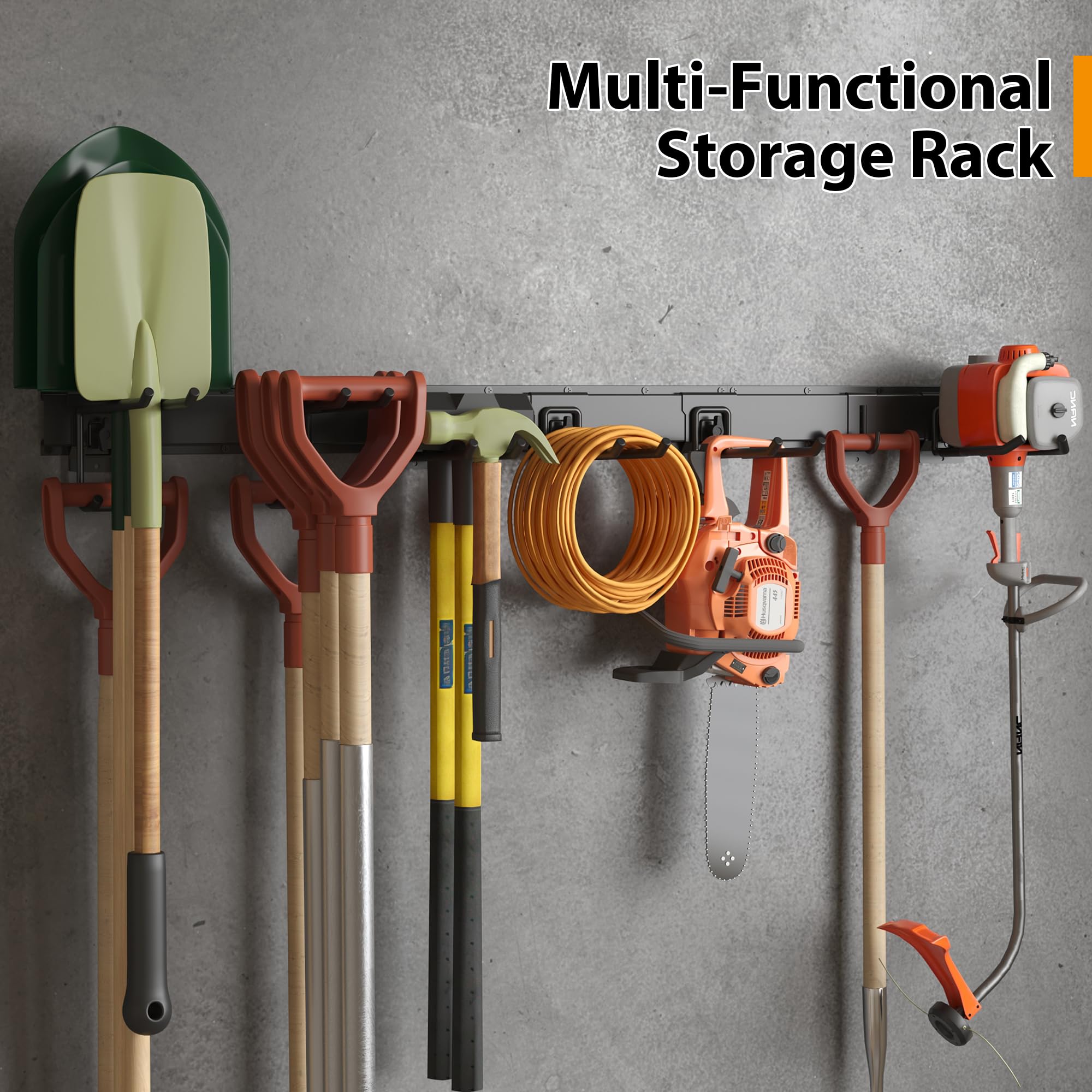 BONTEC Supporto per Attrezzi da Parete, Pannello Portautensili Garage da 122 cm con 8 Ganci Regolabili, Binario 7,8 cm, Porta Scope, Porta Bici, Organizer Officina, Antiruggine, Attrezzi Giardino,Nero