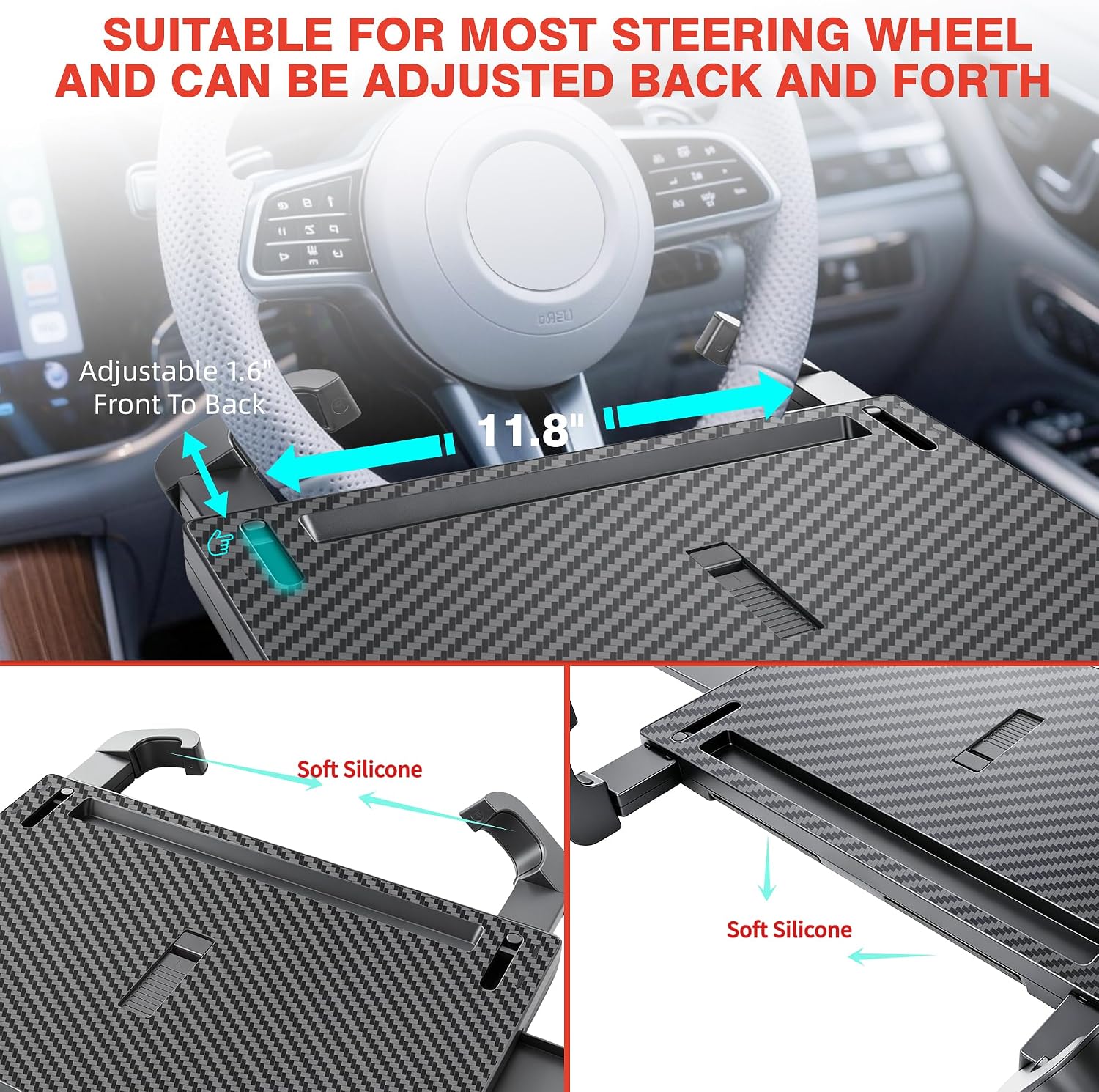 Large Steering Wheel Tray Table, Car Desk For Laptop, Car Trays For Eating And Working, Steering Wheel Table For Most Cars, Adjustable Car Food Tray With Dual Slide-Out Trays (Carbon Fiber Look)
