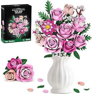 Pink Rose Bouquet Flowers Building Set, 834Pcs Roses Artificial Flowers Botanical Collection Compatible with Lego Flowers for Adults Valentines Day Gifts for Her Women Wife Girlfriend Mom