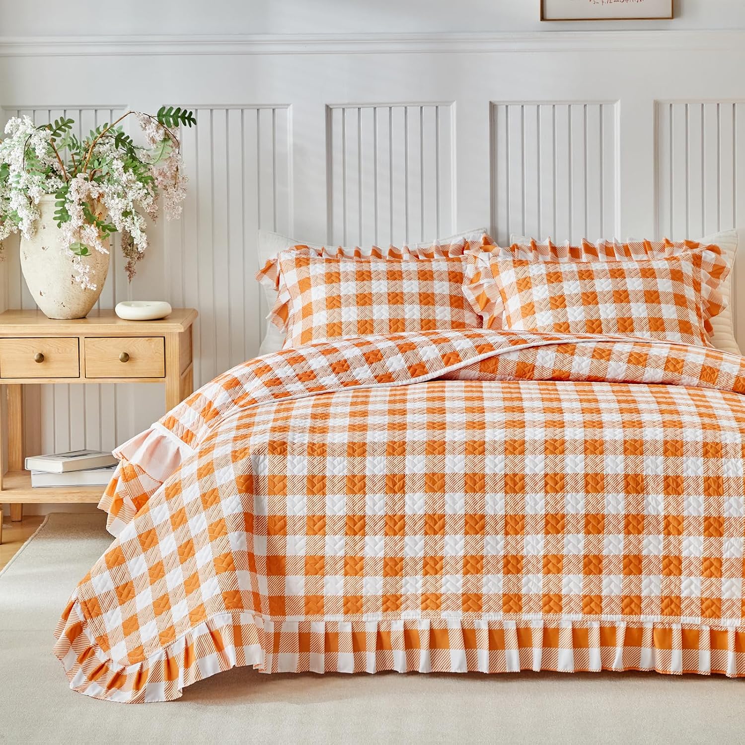 Joyreap 3pcs Ruffle Quilt Set Queen, Orange Gingham Plaid Ruffled Design for Girls, Soft Cozy Microfiber Farmhouse Bedspread Coverlet for All Season- 90x90 inches