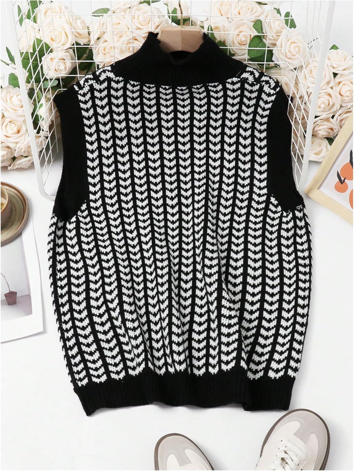 WDIRARA Women's Herringbone Print High Neck Sweater Vests Sleeveless Pullovers Knit Tank Tops - Image 3