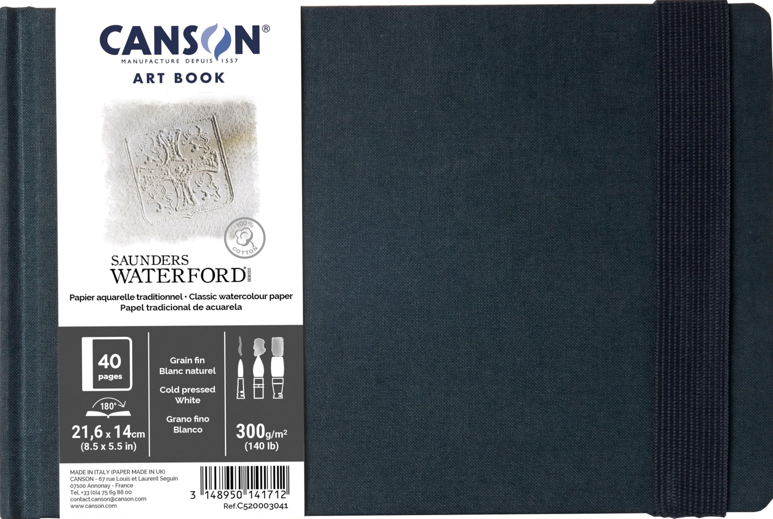 Canson Professional Book, Watercolor Paper, Fine Grain, 300gsm, Stitched Notebook, Hardcover, 8.5 x 5.5 Inches, White, 20 Sheets