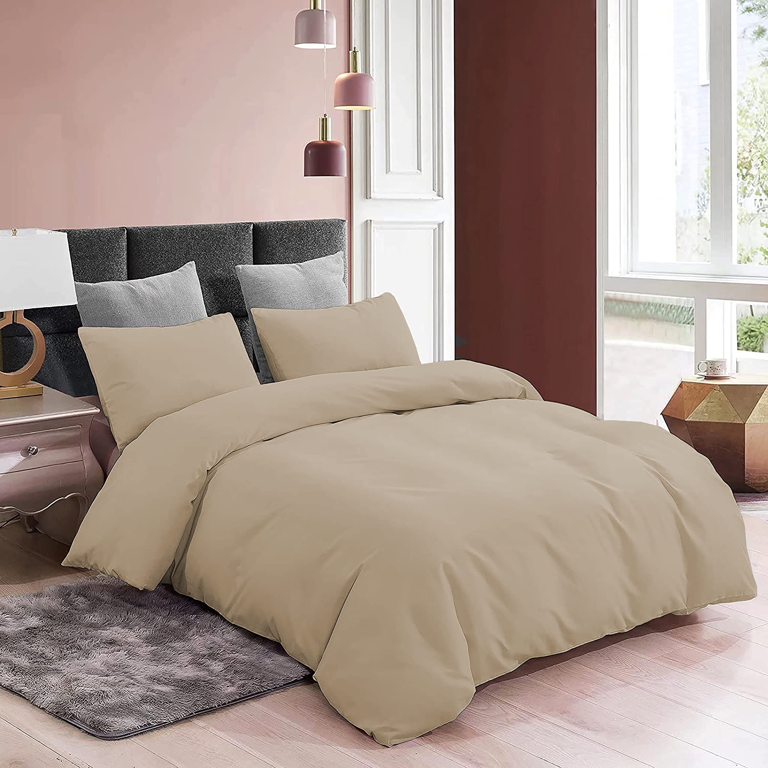 YRM Bedding's Duvet Covers - 100% Microfiber, 3-Piece Duvet Cover Set, Ultra Soft with Zipper Closure Duvet Cover(91X101 Inches) and 2 Pillow Cover (18X28 Inches) - Double Bed Size/Beige 1