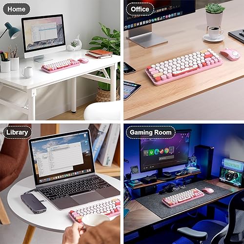 Miniatura 7 de FOPETT - Teclado y mouse inalámbricos, lindo mouse y teclado 2.4G con 68 teclas de colores, teclas redondas retro para PC, laptop, tableta,