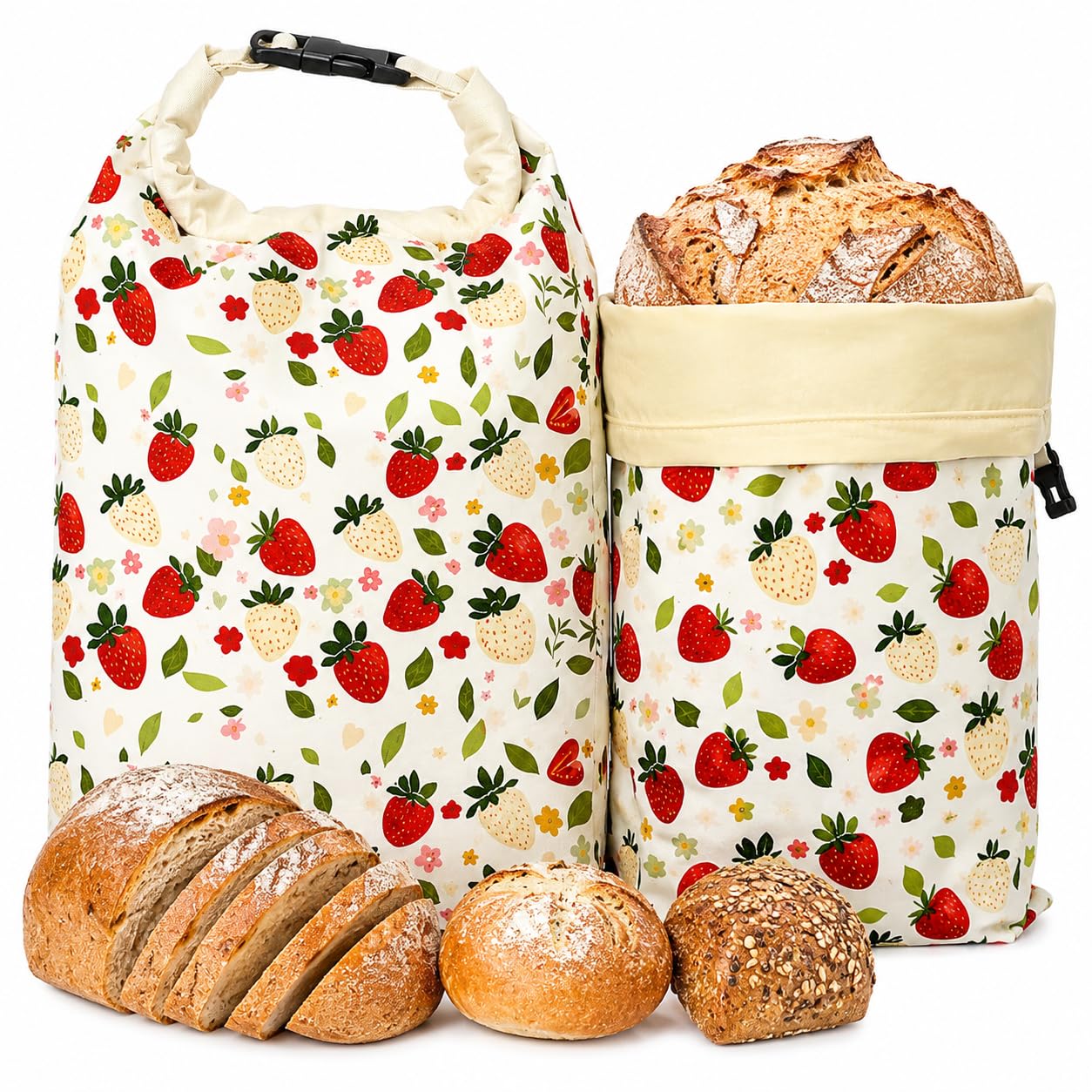 Sytinnice 2 Pack Beeswax Bread Bags for Home Bakers, 43 x 33 cm Reusable Sourdough Bread Storage Bags with Natural Beeswax Lining, Washable Cotton Bags for Homemade Loaves-Strawberry