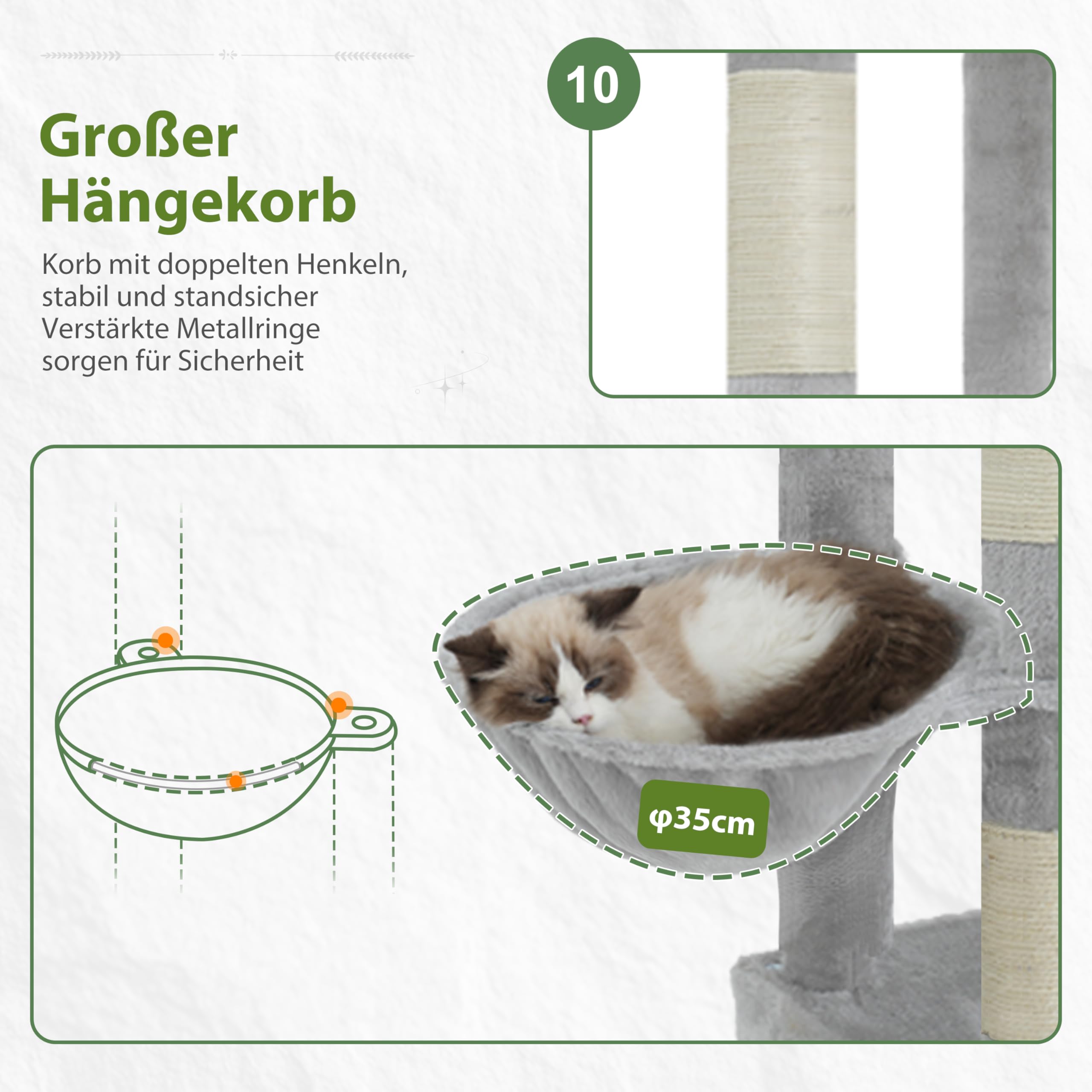 Gitelsnour Kratzbaum 182 cm stabil für Mehrkatzenhaushalt, XXL Katzenbaum mit 3 großen Katzenhöhlen (40x40 cm), 3 Plattformen, Korb und 10 Kratzsäulen, kippsicher, Hellgrau GCT036W