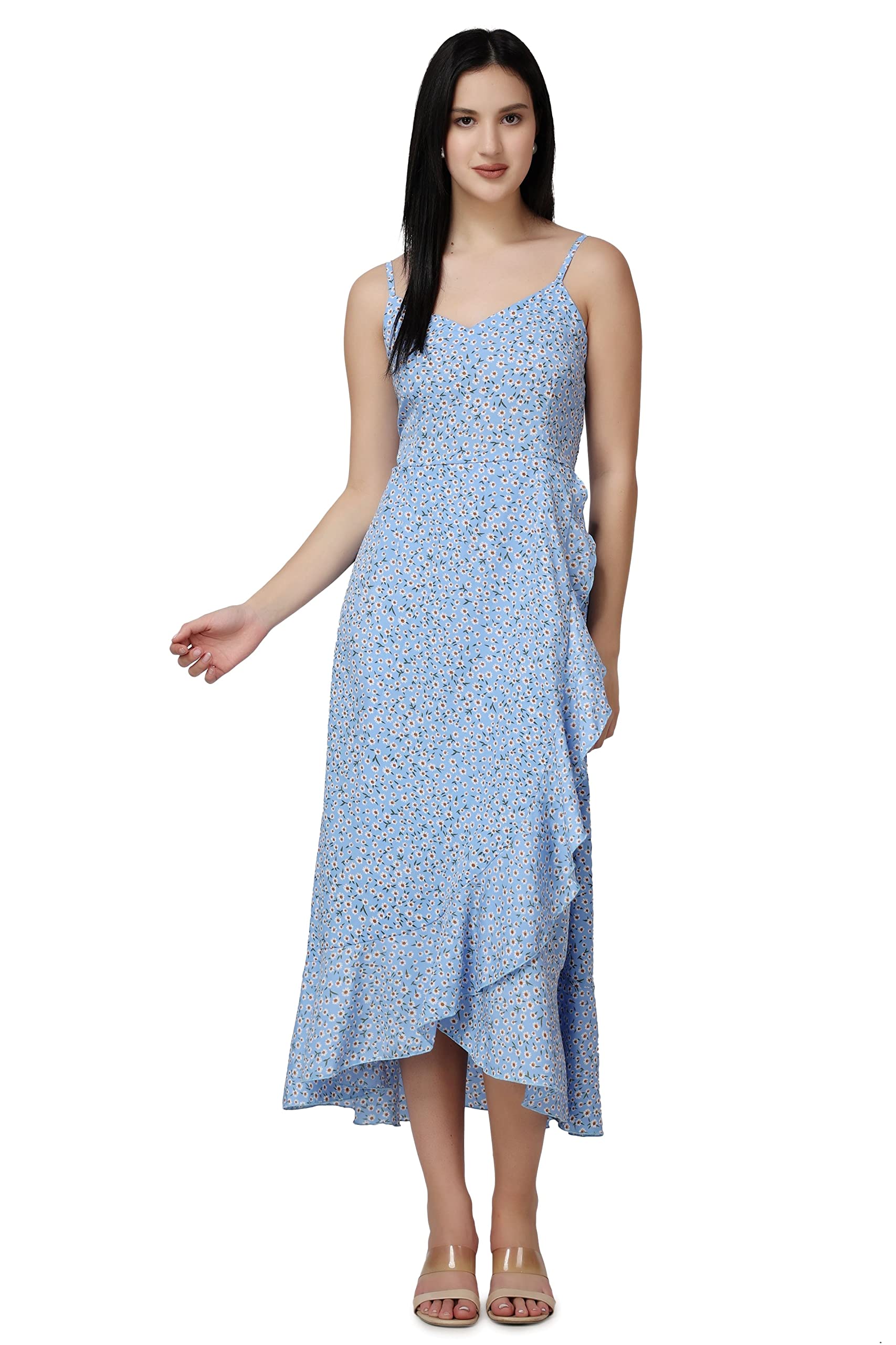 Popwings Casual Floral Printed Midi Frill Strap Dress For Women || Sleeveless Midi-Length Women Dress || V-Neck Maxi Dress For Women || Latest Stylish Western Summer Women Dress Blue