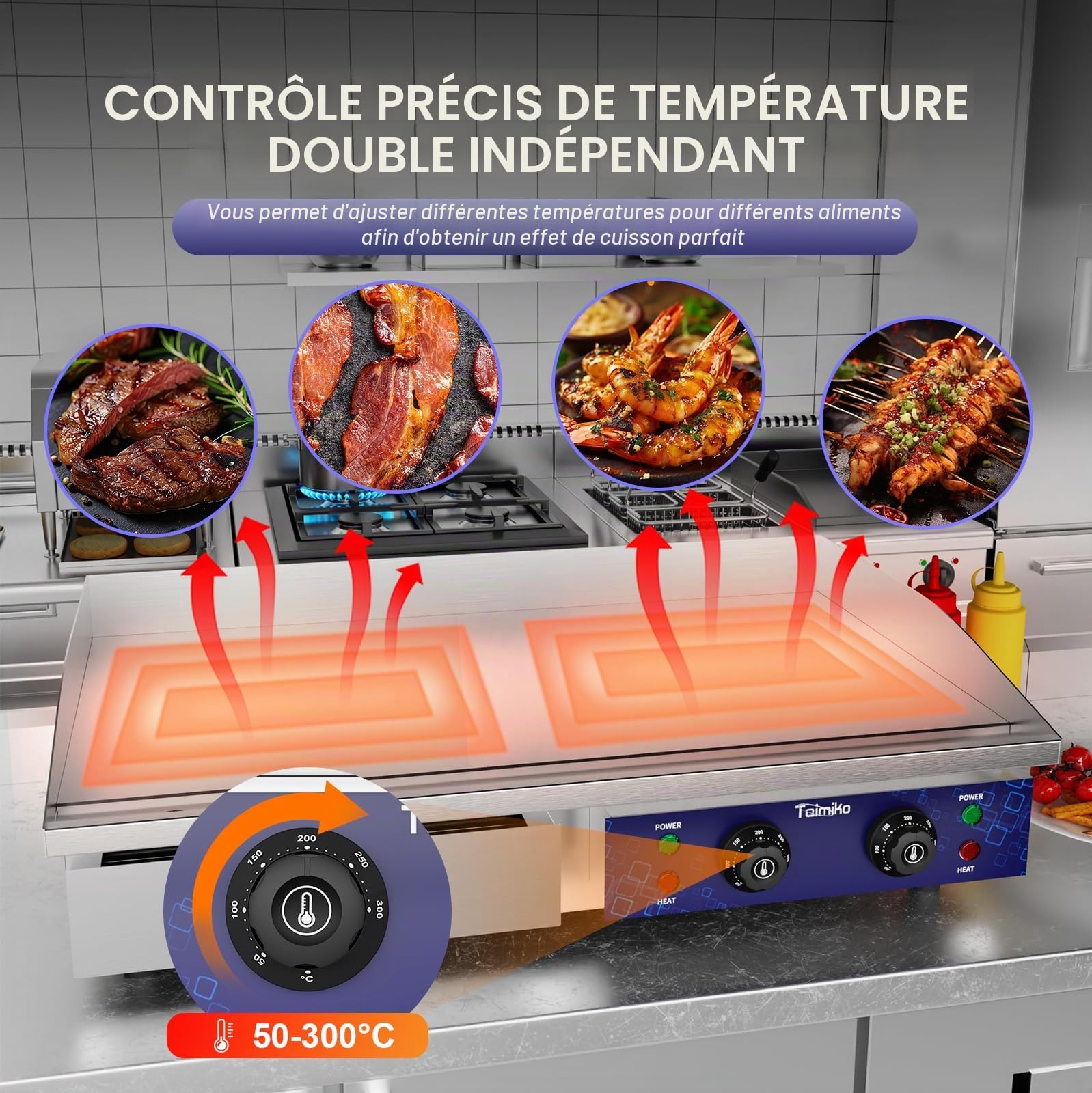 TAIMIKO Plancha Électrique 73cm Plancha Electrique Exterieur 4400w Commercial en Acier Inoxydable Professionnelle Plaque Électrique 2 Pelles et 2 Brosses, Pour Barbecue Restaurant Snack-Bar