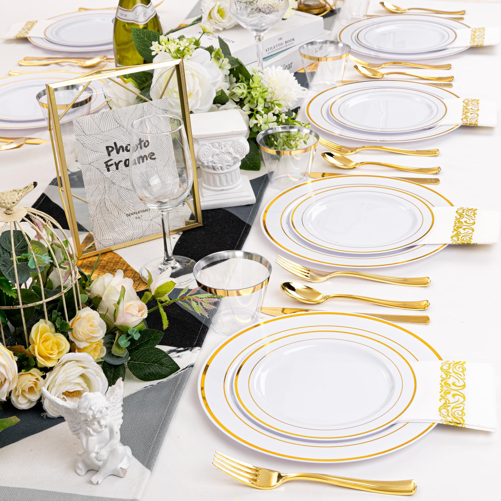 Strong Reusable U-QE 175 Pieces Gold Plastic Plates And Napkins