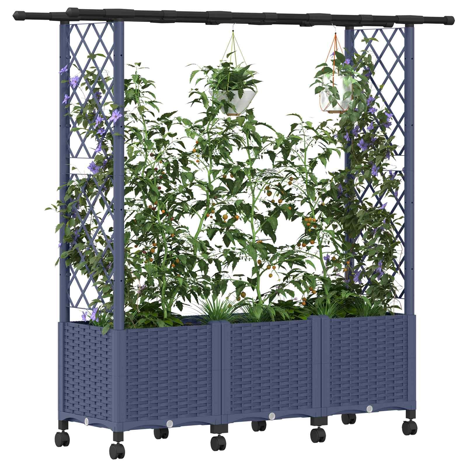 Bancal alto con enrejado y techo, gris, 162,5 x 40 x 142 cm, polipropileno | Jardinera móvil de polipropileno para terraza y balcón, con enrejado resistente a la intemperie y almacenamiento de agua.