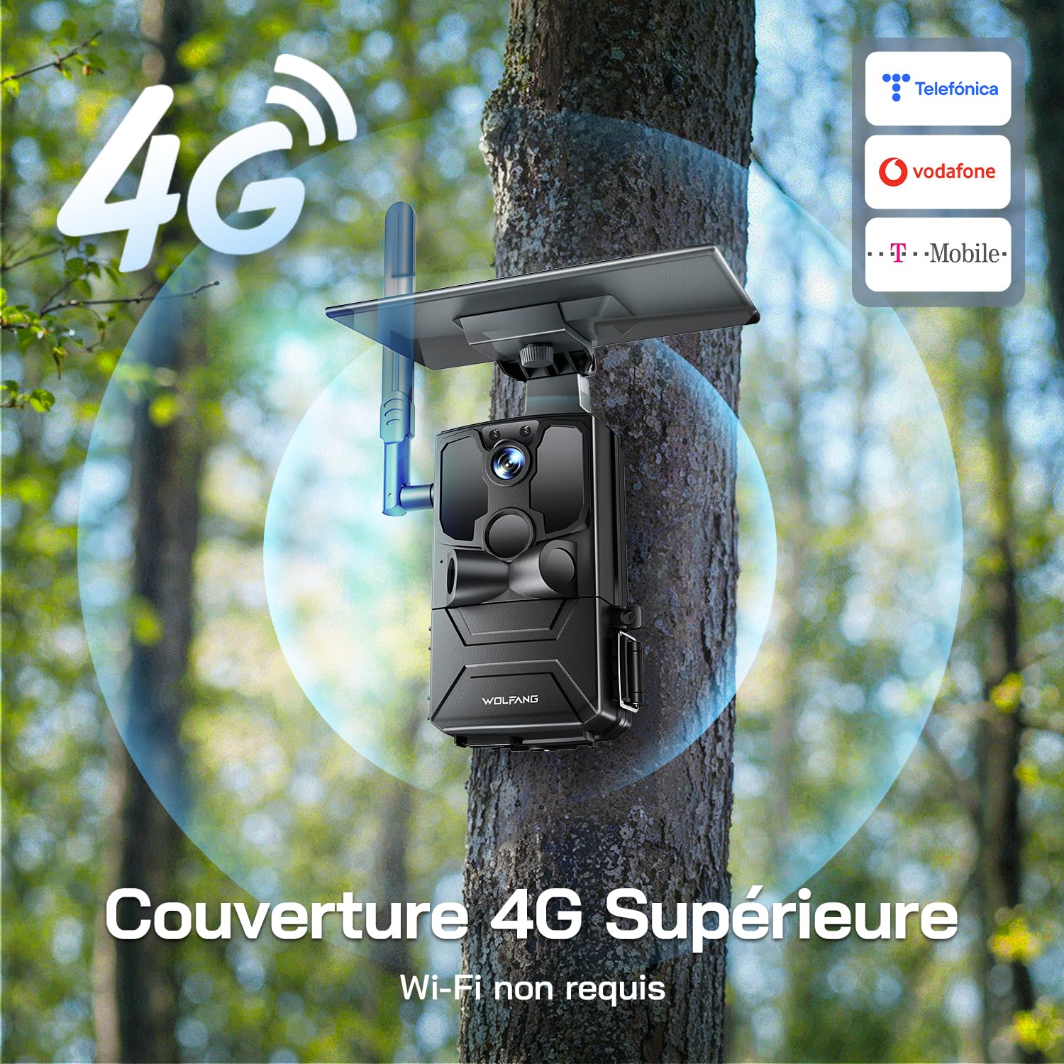 WOLFANG 4G Caméra de Chasse Solaire Extérieure avec Carte SIM, 2.5K Caméra Surveillance sur Batterie avec Détecter l'alarme, Vision Nocturne, IP66 Etanche, Audio Bidirectionnel, Noir