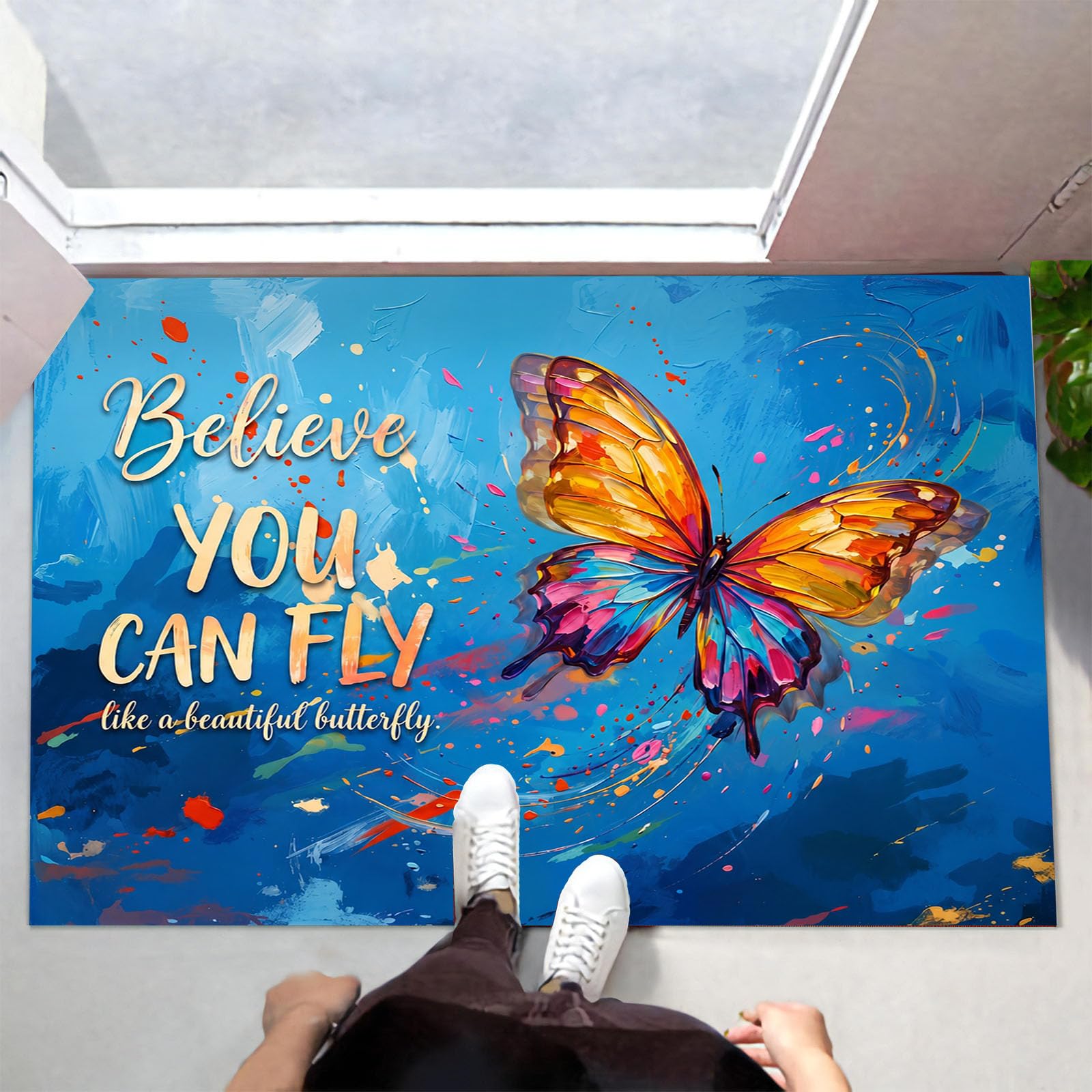 Zerbino Ingresso Interno Animali Farfalla Graffiti, Zerbino Di Benvenuto Lavabile Morbida Slogan Motivazionale, Antiscivolo Tappeto Da Decorazioni Blu Per Casa Porta, 60X90Cm