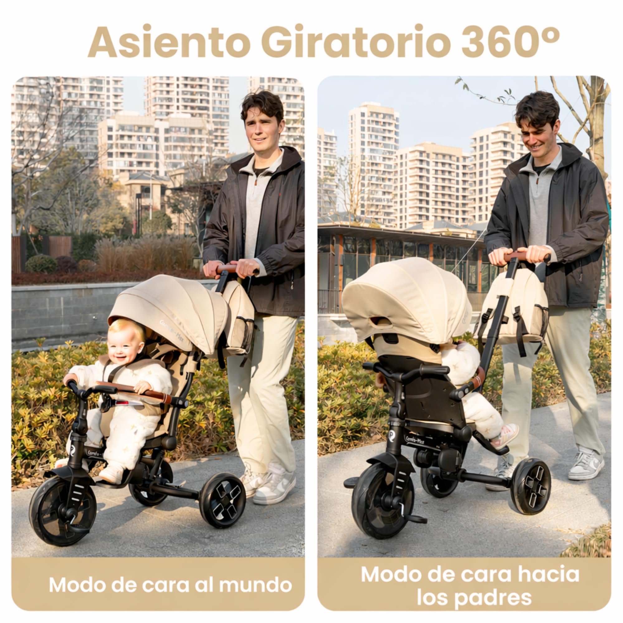 Qplay Tricycle évolutif Comfort Max 6 en 1 Noir | Tricycle Pliable en Aluminium avec siège à 360°, inclinable et Capote – pour bébés de 10 à 72 Mois (Beige)