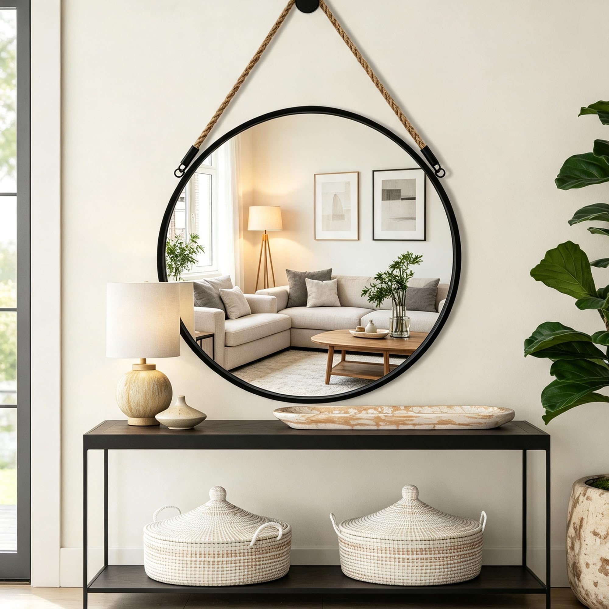 Photo 1 of POZINO 30 Inch Large Round Hanging Mirror with Black Metal Frame