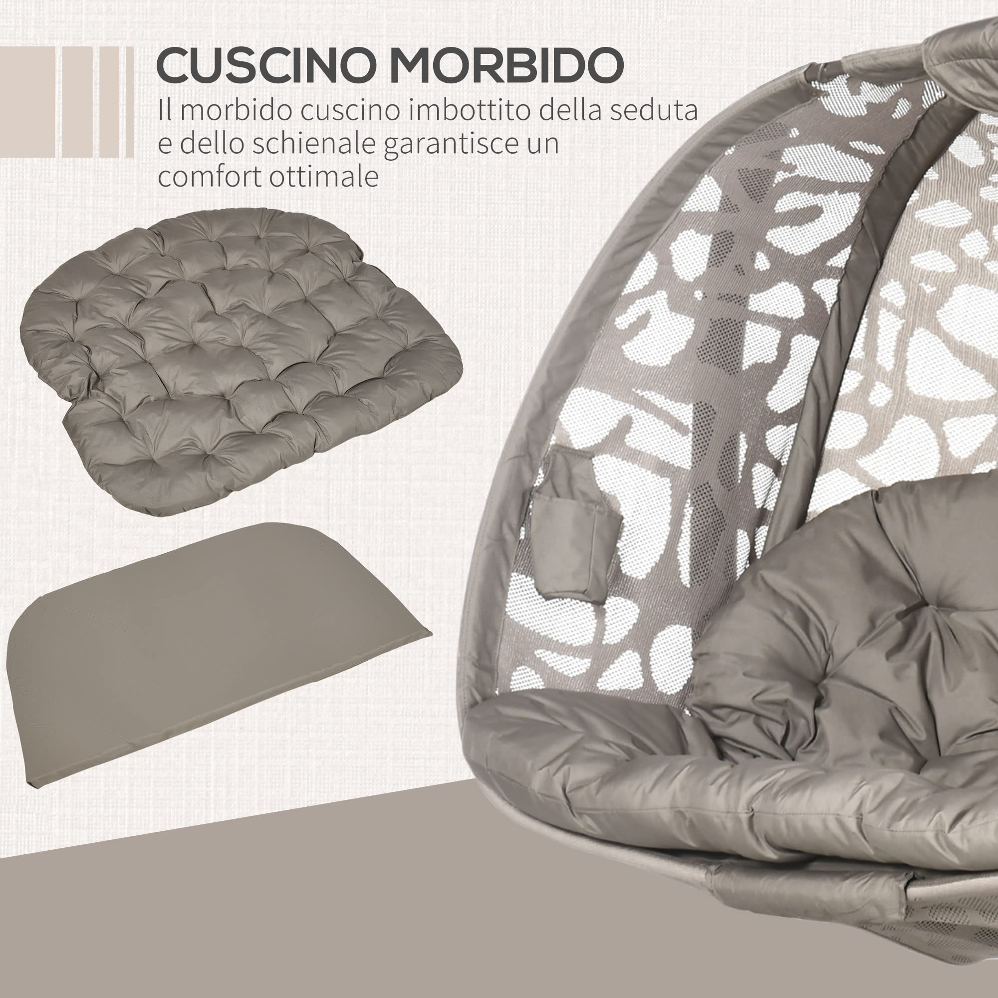Poltrona Sospesa Dondolo da Giardino con Struttura in Acciaio e Cuscino 2 Posti con 2 Tasche e Cesto Pieghevole 130x103x172 cm