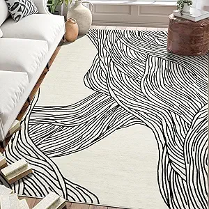GarveeHome Modern Abstract Area Rug 4x6 Washable Soft Non-Shedding Floor Carpet Indoor Contemporary Non Slip Low Pile Foldable Thin Rug for Living Room Bedroom Home Office Dorm Ivory/Black