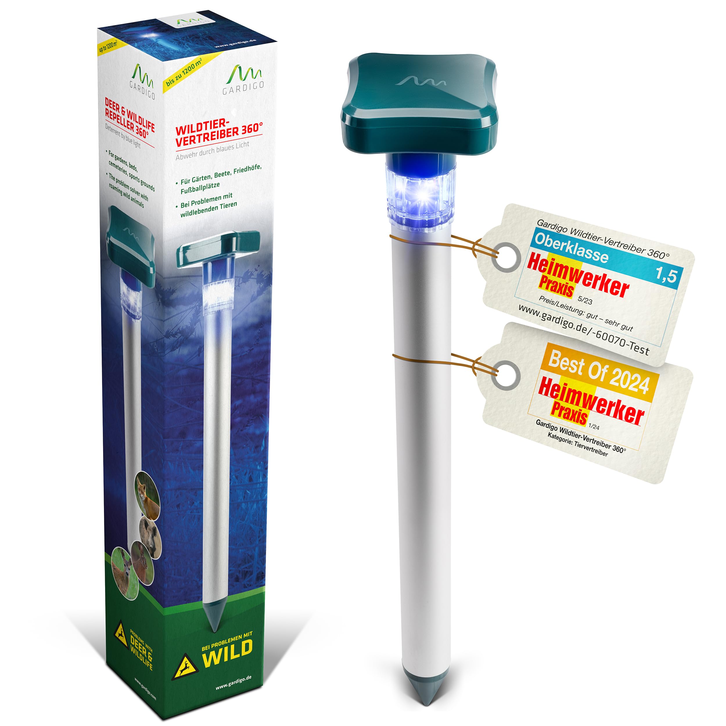 GARDIGO Répulsif Animaux Sauvages LED Bleue – Dissuasion Nocturne | Pour Sangliers, Chevreuils, Renards et Lapins – Activation Automatique – Étanche IP44 – Jardin, Cultures et Terrains