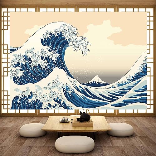 Miniatura 3 de CORFOTO Telón de fondo de 6 x 4 pies, pintura japonesa Kanagawa, arte de pared con ondas grandes japonesas antiguas de estilo japonés, telón de