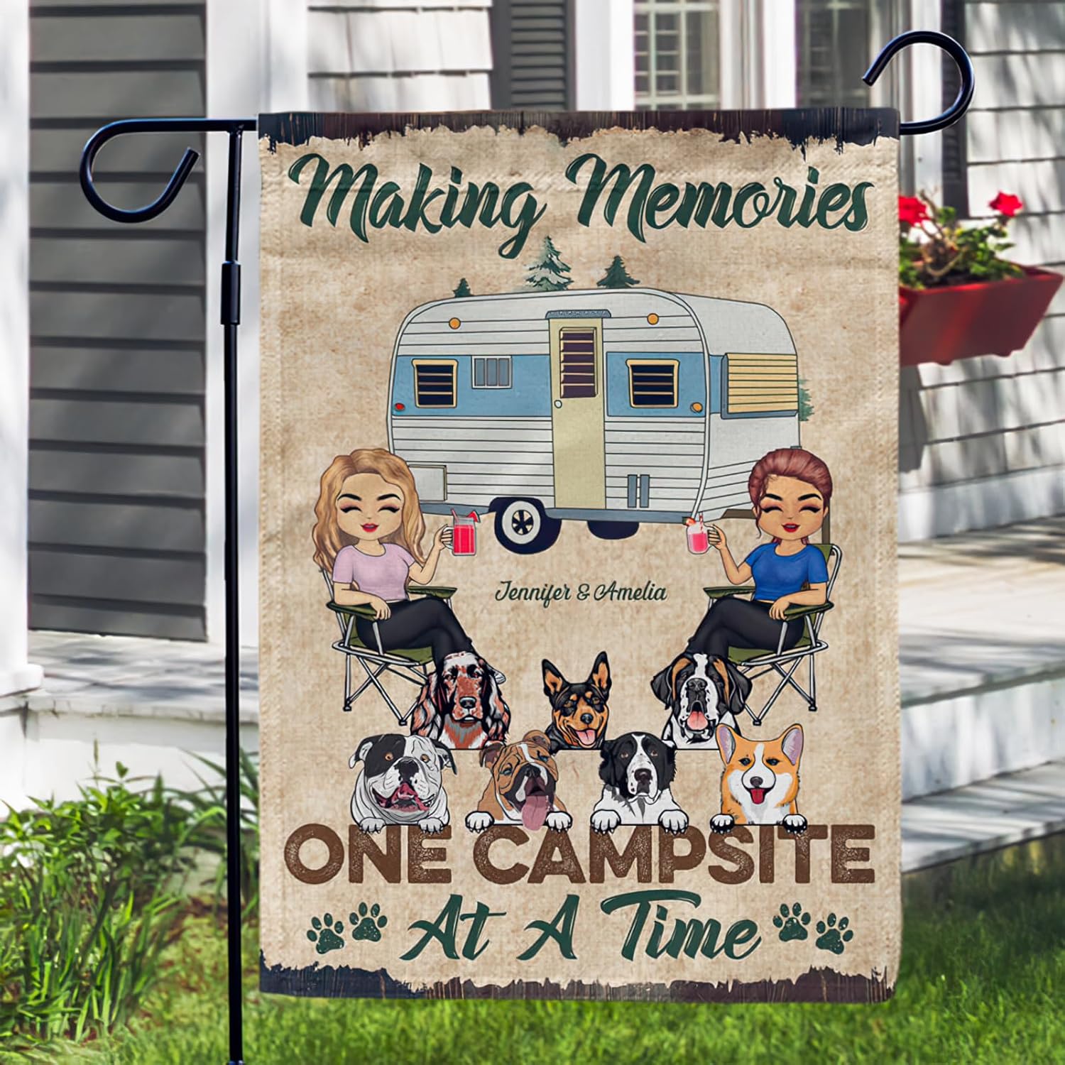Personalized Camping Garden Flag, Making Memories One Campsite At A Time, Custom Dogs Husband Wife Camping Partners for Life Flag 12"x18" Double Sided, RV Flag for Outdoor Yard House Lawn Decoration