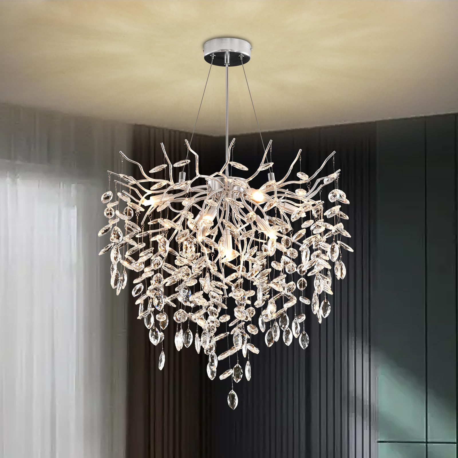 Modern Kronleuchter Kristall Golden, Große Luxus Raindrop Pendelleuchte, Rund Kristall Hängeleuchte Light Fixture, Luxury Tree Branch Kronleuchter für Kücheninsel, Esszimmer, 60cm