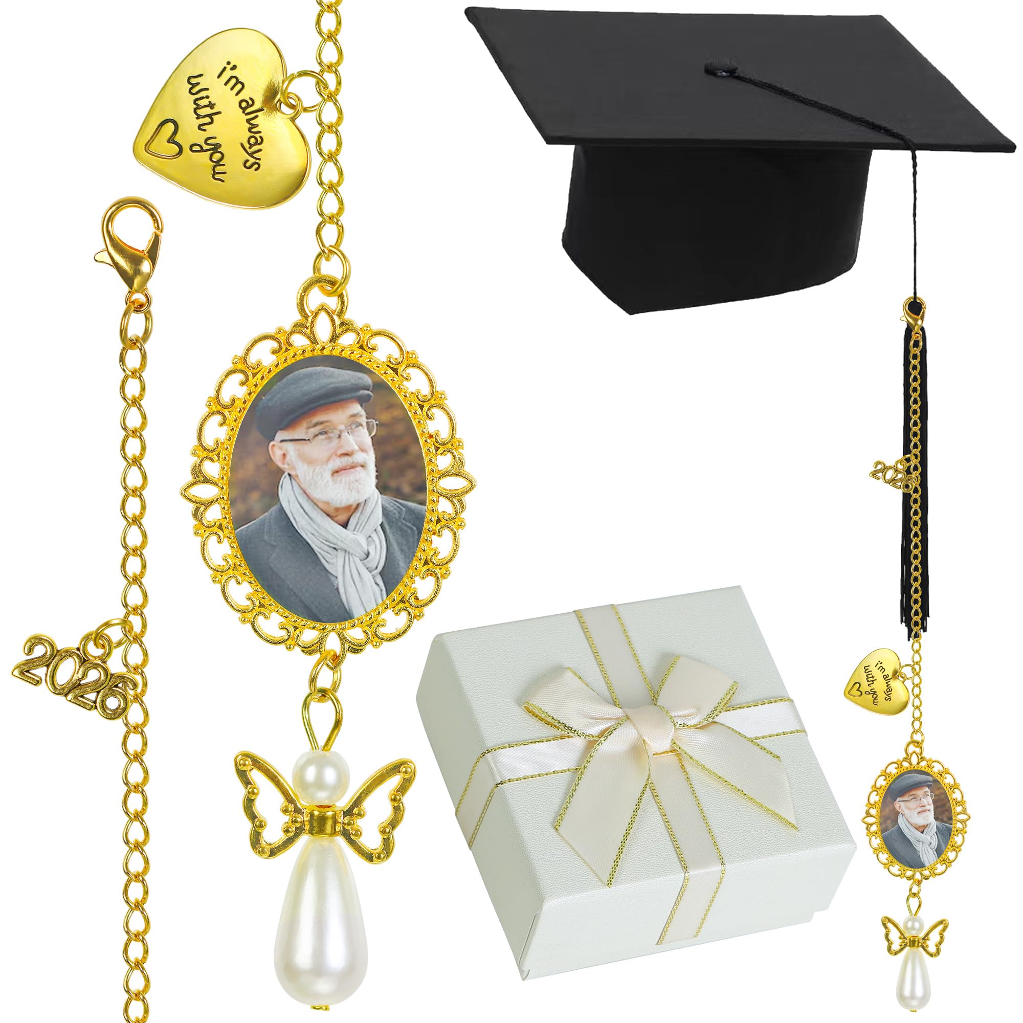 Photo 1 of 2 Pack Custom Graduation Tassel Photo Charm - Class of 2026 Personalized Memorial Graduation Cap Photo Charm I Always with You College Gift DIY Photo Chain Wear on Cap for Graduation (Gold)