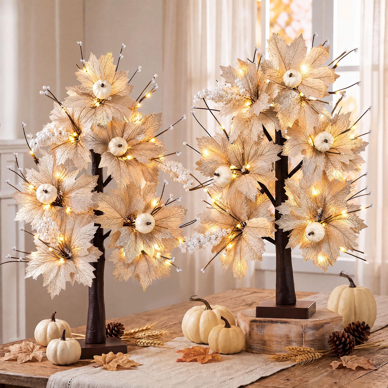 Baquler 2 alberi di betulla illuminati a LED autunnali da 61 cm, foglie di betulla bianche grigie illuminate con zucche autunnali, luce artificiale, pre-illuminate, da tavolo, decorazione per il