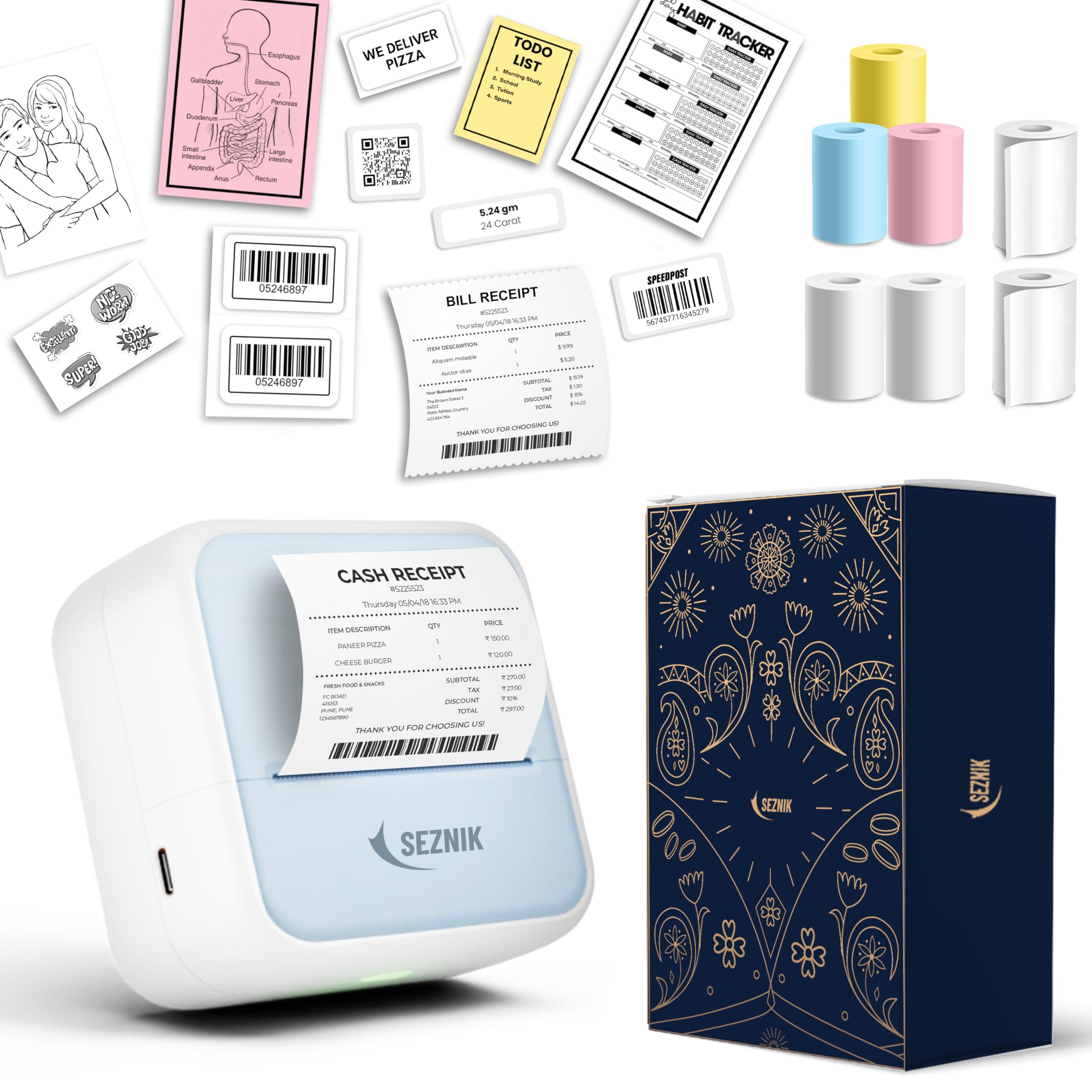 SEZNIK Mini Printer, Inkless, Bluetooth, Portable Printer, Compatible with Android, iOS Mobile. 1 Year Warranty (MiniX-Blue-Gift)-image-17